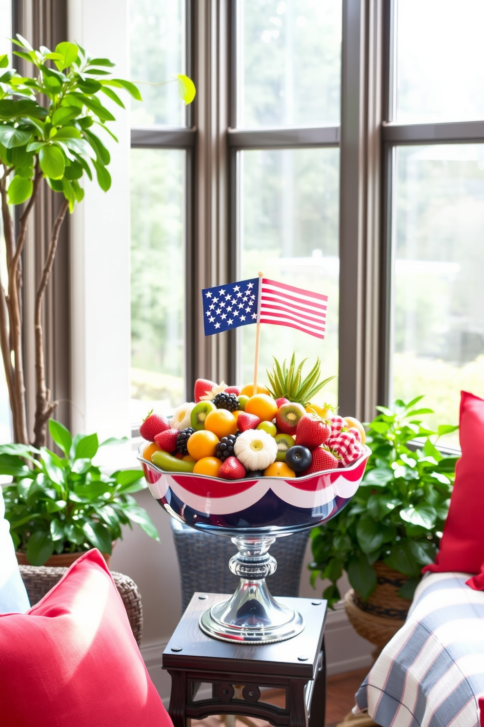 A vibrant seasonal fruit bowl is the centerpiece of the sunroom, showcasing an array of colorful fruits like strawberries, oranges, and kiwis. Surrounding the bowl, natural light floods in through large windows, enhancing the cheerful atmosphere of the space. The sunroom features comfortable seating with soft cushions in red, white, and blue to celebrate Memorial Day. Lush green plants are placed strategically around the room, adding freshness and a touch of nature to the festive decor.