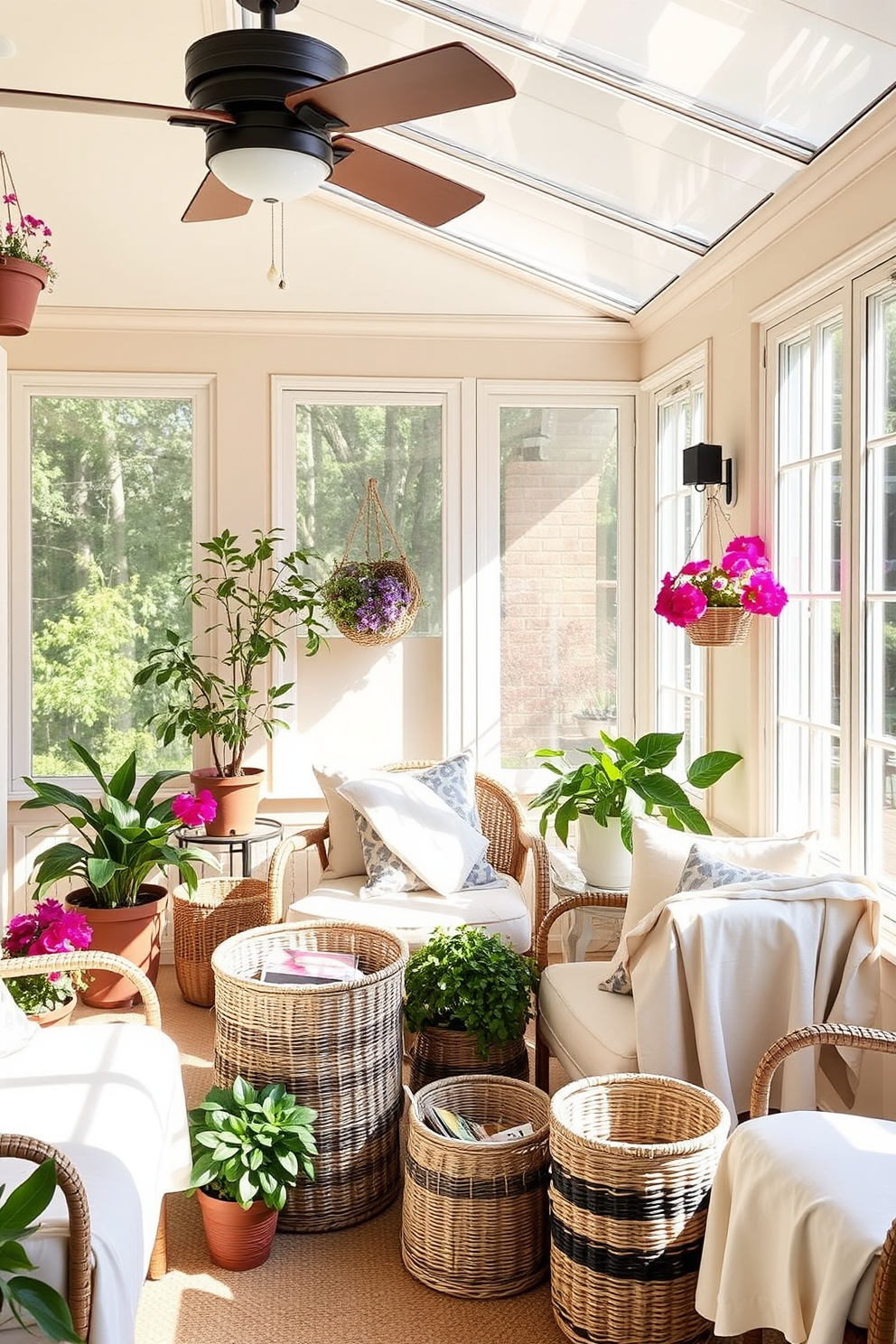 A sunroom filled with natural light features a cozy seating area adorned with decorative baskets for summer magazines. The walls are painted in a soft pastel hue, and the space is enhanced by vibrant potted plants and a light, airy fabric draped over the furniture. The decorative baskets are woven from natural fibers, showcasing a blend of earthy tones that complement the sunroom's bright atmosphere. Sunlight pours in through large windows, creating a warm and inviting space perfect for relaxation and enjoying the summer breeze.