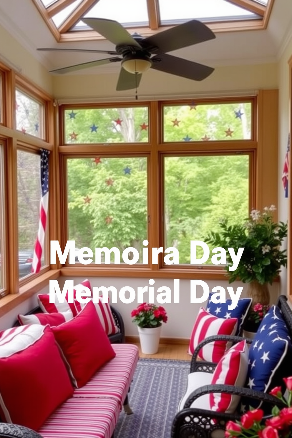 Create a sunroom that celebrates patriotic themes for Memorial Day. Incorporate vibrant wall decals featuring stars and stripes, along with a cozy seating area adorned in red, white, and blue cushions.