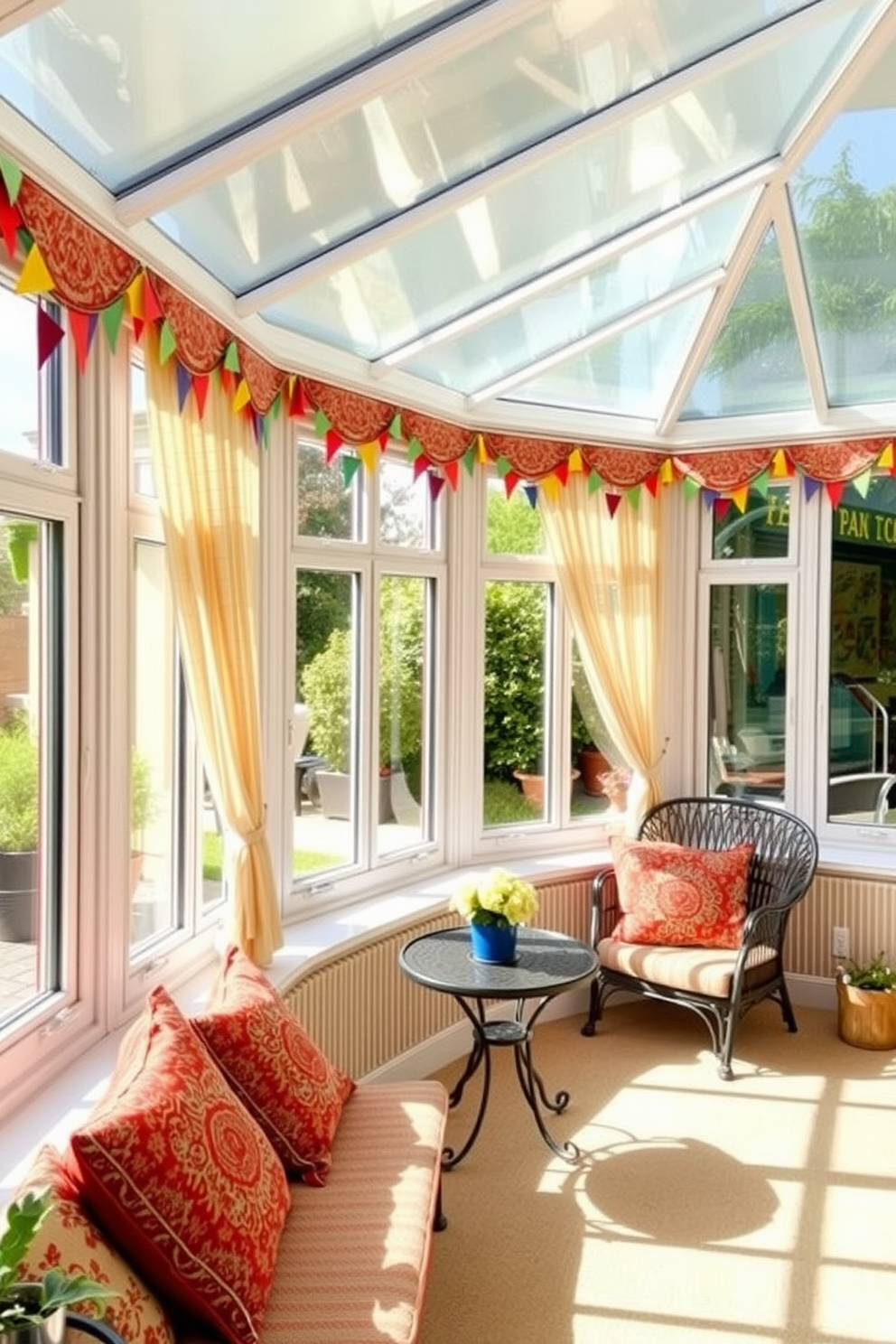 A sunroom adorned with festive bunting draped elegantly along the windows. The space is filled with natural light, highlighting a cozy seating area with colorful cushions and a small table for gatherings.