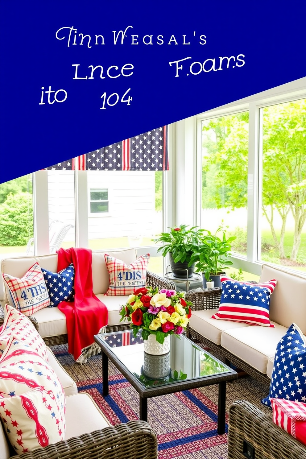 Cushions with stars and stripes patterns create a festive and patriotic atmosphere in the sunroom. The vibrant colors and bold designs enhance the cheerful ambiance, making it a perfect space for relaxation and celebration. Incorporate these cushions on a comfortable seating arrangement, paired with light-colored furniture to balance the bold patterns. Add decorative elements such as red, white, and blue throws and a centerpiece featuring seasonal flowers for a cohesive Memorial Day theme.