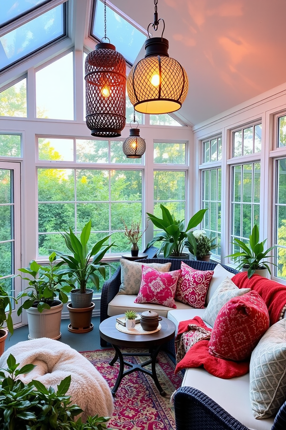 Create a cozy sunroom filled with natural light. Incorporate decorative lanterns hanging from the ceiling to enhance the evening ambiance. Use a mix of vibrant cushions and soft throws on a comfortable seating area. Arrange potted plants around the space to bring a touch of nature indoors.