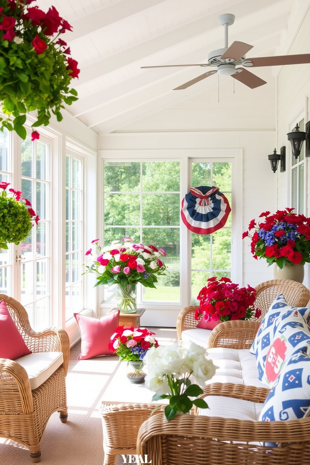 A bright sunroom filled with natural light features a comfortable seating area adorned with fresh flowers in red, white, and blue hues. The space includes a mix of wicker furniture and vibrant throw pillows, creating a festive atmosphere for Memorial Day celebrations.