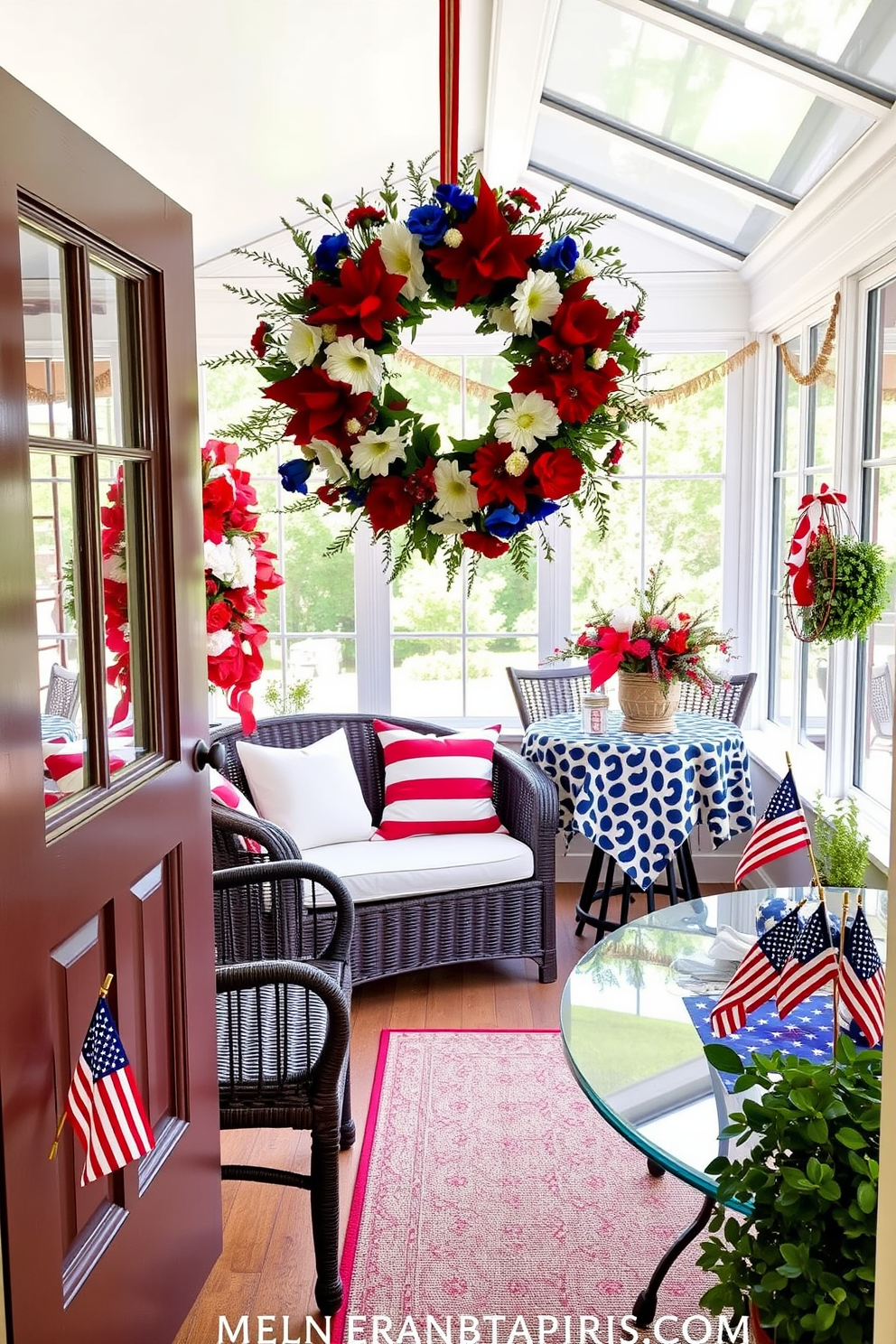 A vibrant seasonal wreath adorned with red white and blue flowers hangs elegantly on the front door welcoming guests with a festive touch. The sunroom is filled with natural light showcasing a cozy seating area with patriotic throw pillows and a charming display of seasonal decorations. In the sunroom, a large wicker chair sits beside a glass table adorned with a star-spangled tablecloth. Potted plants and small American flags are strategically placed to enhance the celebratory atmosphere.