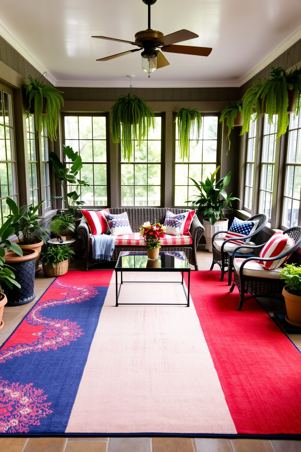 A vibrant outdoor sunroom featuring a large outdoor rug in red, white, and blue hues. The rug is placed under a cozy seating area that includes a wicker sofa adorned with colorful cushions and a glass coffee table at the center. Surrounding the sunroom are potted plants and hanging ferns that add a touch of greenery. Natural light floods the space through large windows, creating an inviting atmosphere perfect for Memorial Day gatherings.