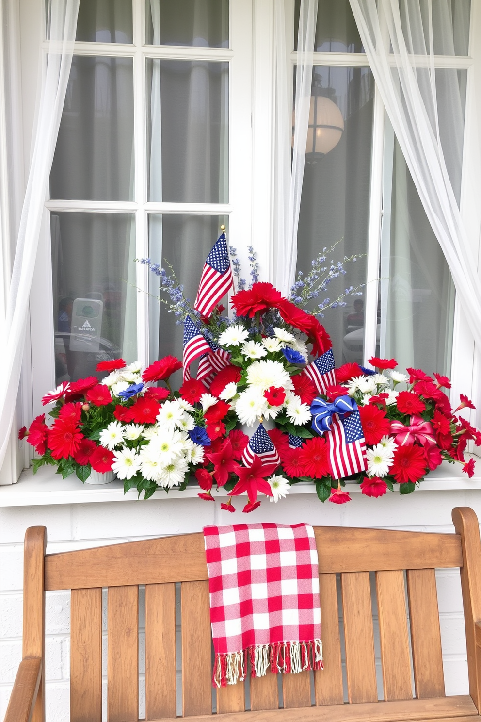 A vibrant display of red, white, and blue floral arrangements fills the window sill, celebrating the spirit of Memorial Day. The flowers are arranged in a rustic white vase, complemented by small American flags nestled among the blooms. The window is framed with sheer white curtains that gently sway in the breeze, allowing natural light to illuminate the colorful scene. Below, a wooden bench adorned with a red and white checkered throw invites guests to sit and enjoy the view.