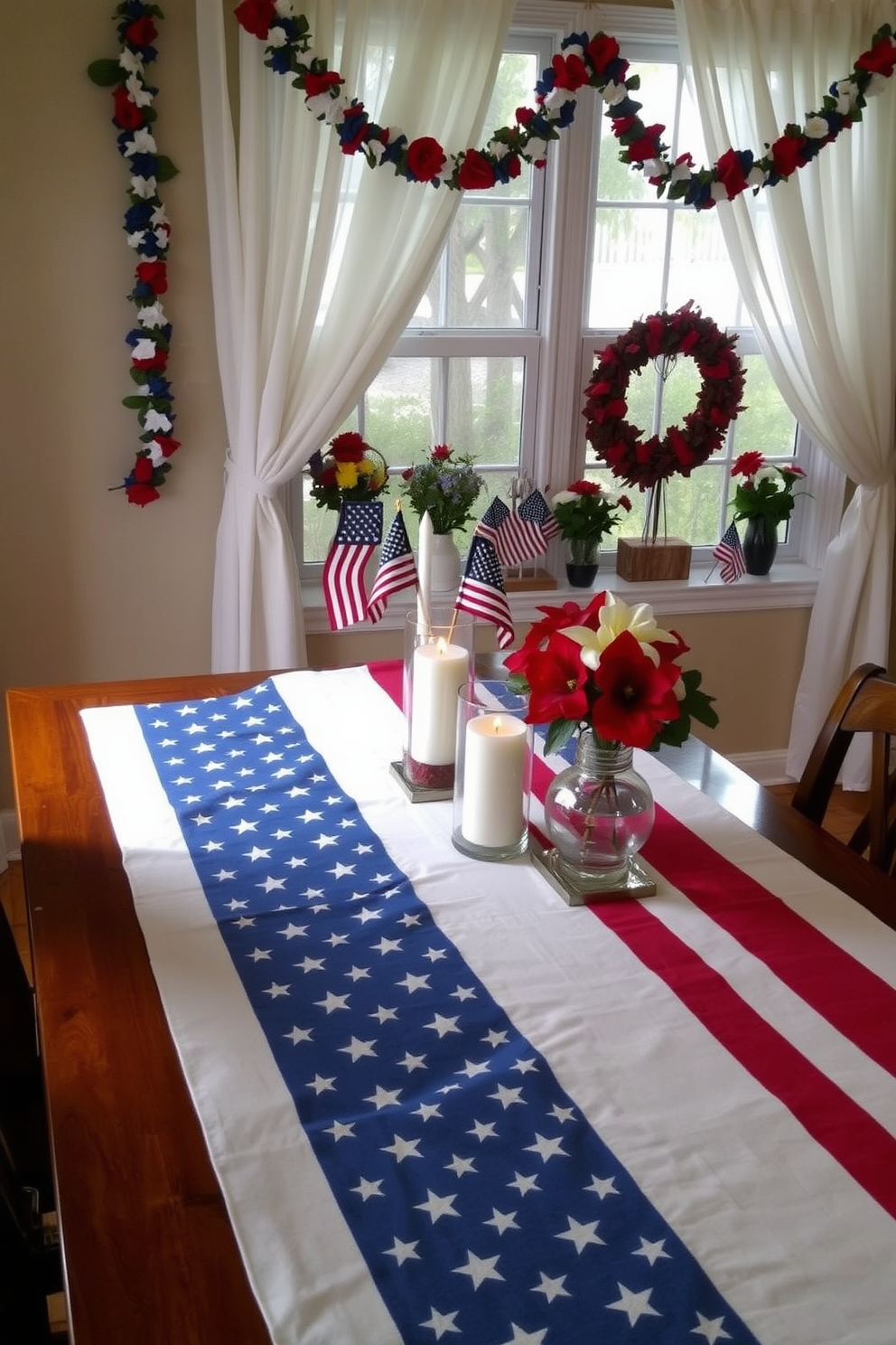 A festive dining table setting featuring stars and stripes table runners draped across a polished wooden table. The table is adorned with red, white, and blue centerpieces, including fresh flowers and patriotic-themed candles. A cozy window display showcasing Memorial Day decorations with a backdrop of sheer white curtains. The windows are framed with garlands of red and blue flowers, and small American flags are placed on the sill for a charming touch.