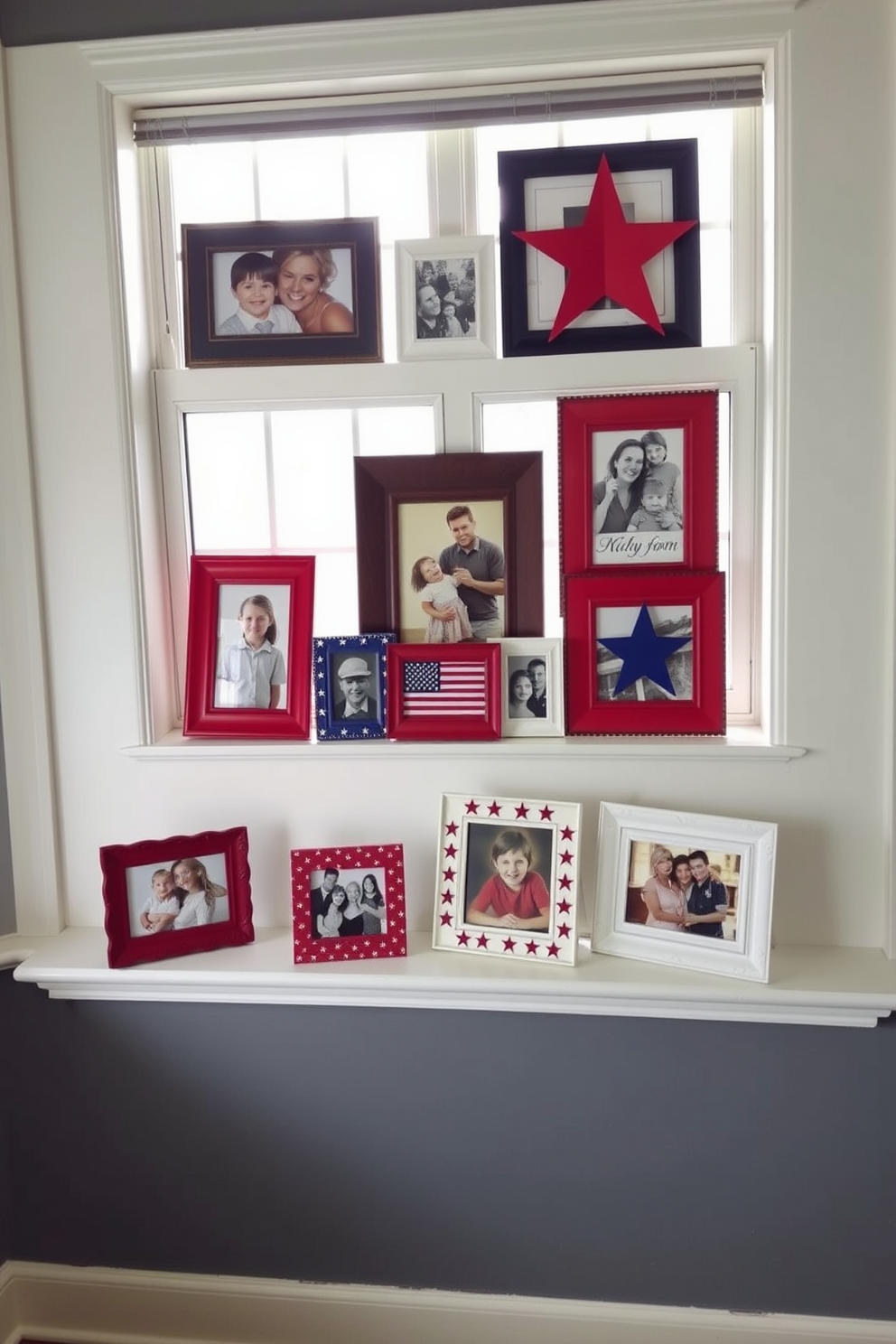 A collection of patriotic-themed photo frames is artfully arranged on window sills, showcasing family memories and symbols of national pride. The frames feature red, white, and blue accents, adding a festive touch to the room while celebrating the spirit of Memorial Day.