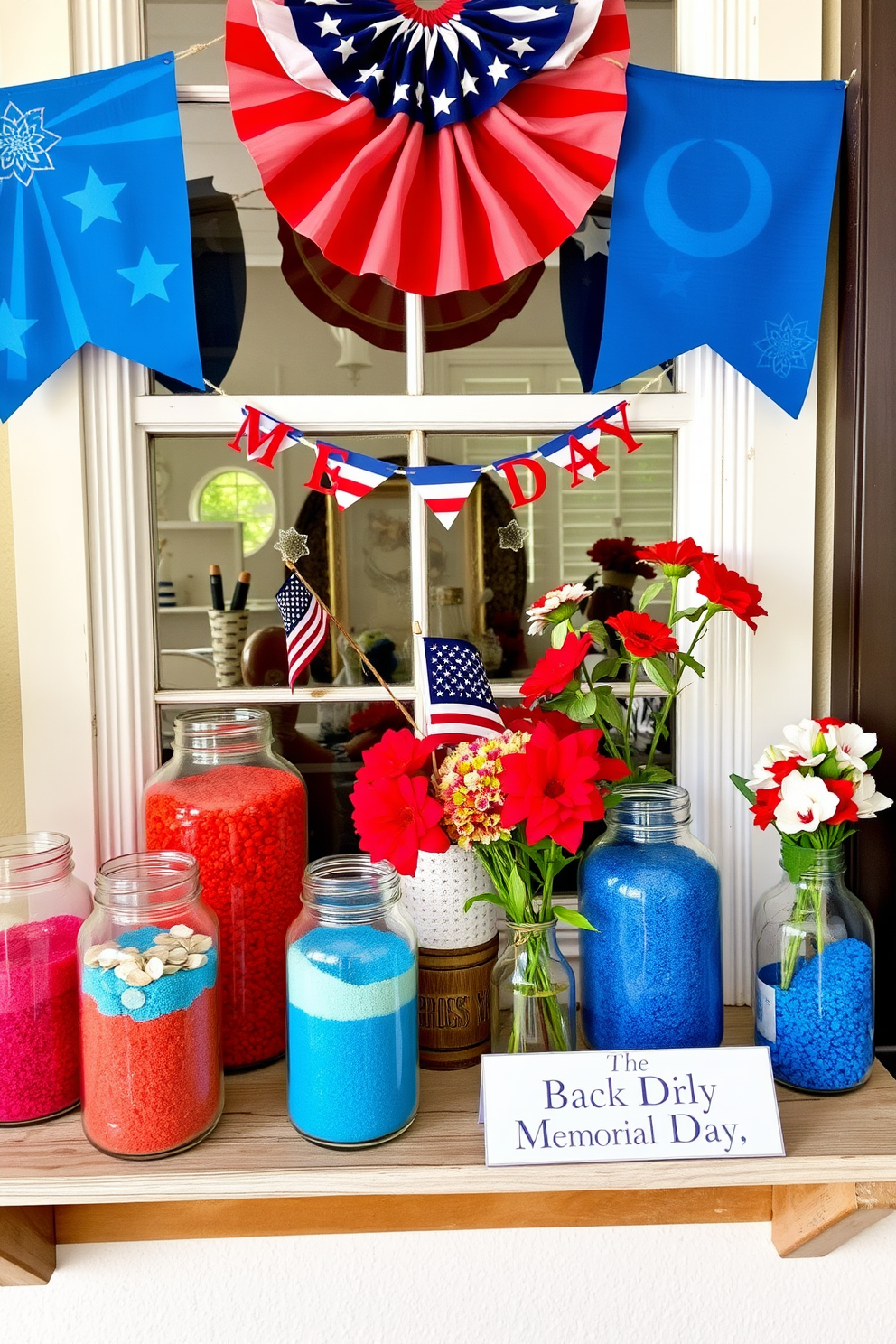 A collection of decorative jars filled with vibrant colored sand is displayed on a rustic wooden shelf. Each jar features unique patterns and textures, creating a visually appealing focal point in the room. For Memorial Day, a window is adorned with red, white, and blue decorations. Patriotic banners and fresh flowers in themed colors create a festive and inviting atmosphere.