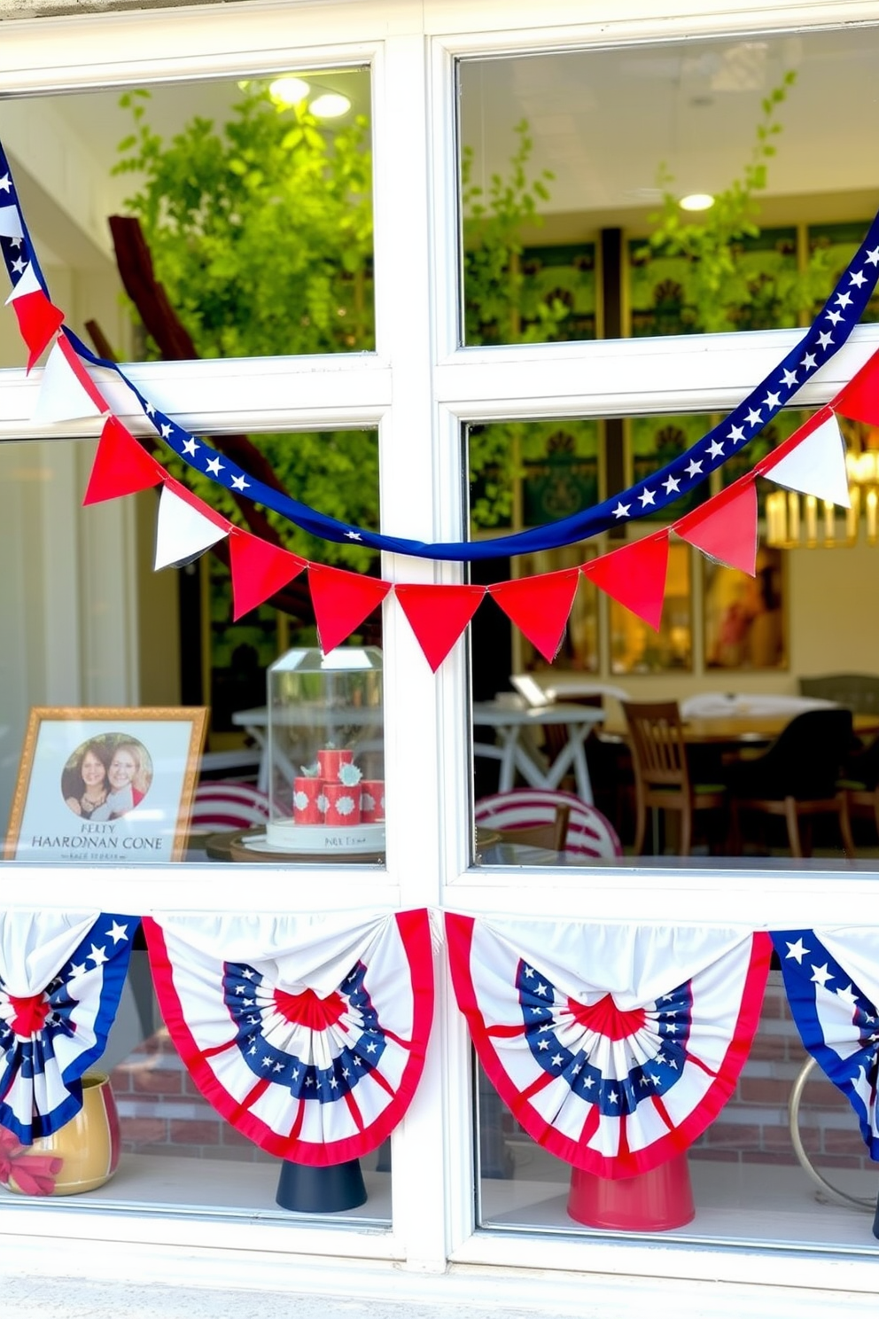 A festive window display for Memorial Day featuring patriotic bunting draped elegantly across the windows. The bunting showcases vibrant red white and blue colors creating a celebratory atmosphere that honors the holiday.