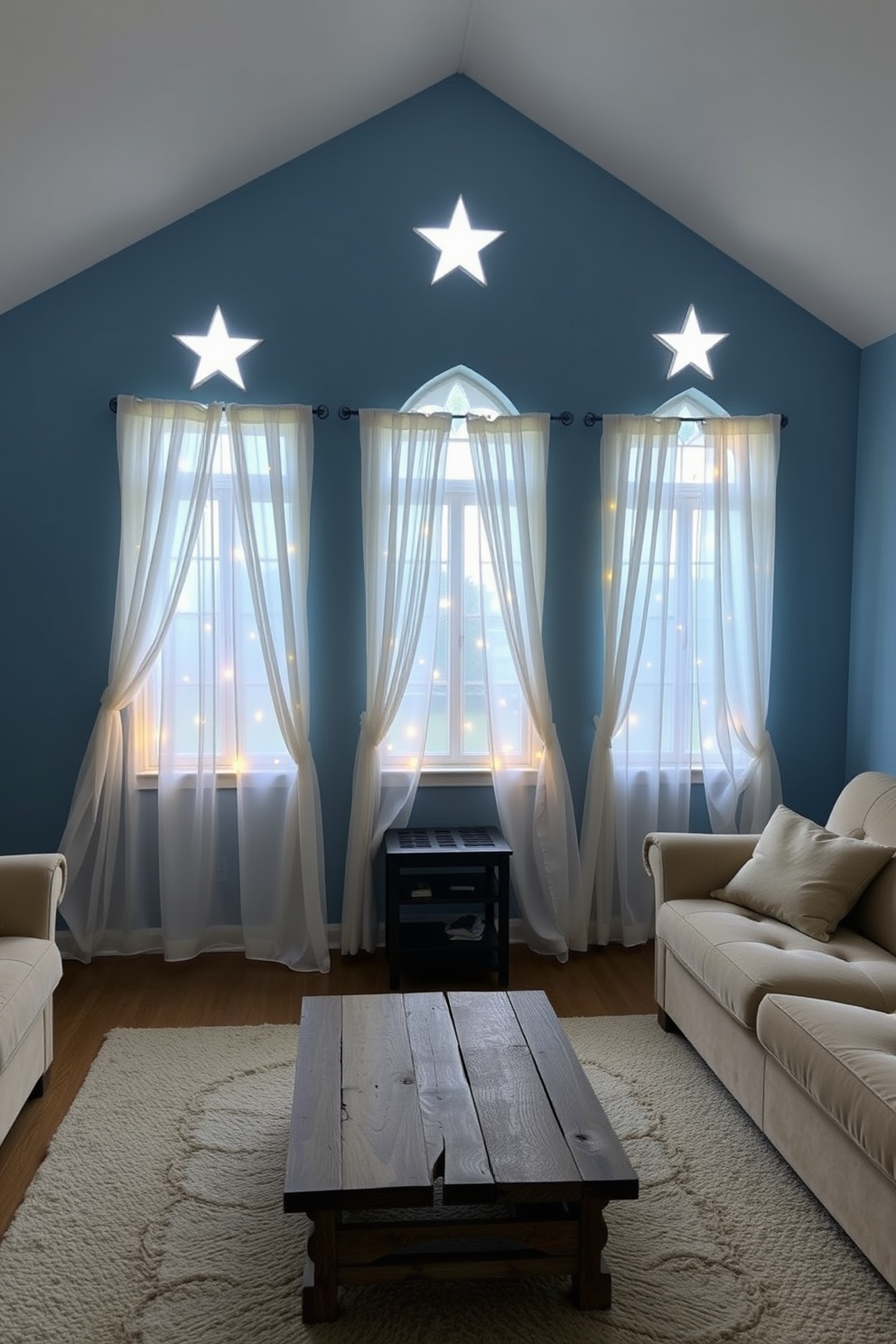 A cozy living room adorned with star-shaped window cutouts that allow soft light to filter through. The windows are framed with sheer white curtains that gently sway with the breeze, creating a warm and inviting atmosphere. Decorative lights are strategically placed within the cutouts, casting a soft glow that enhances the room's ambiance. The walls are painted a calming blue, complemented by plush beige sofas and a rustic wooden coffee table at the center.