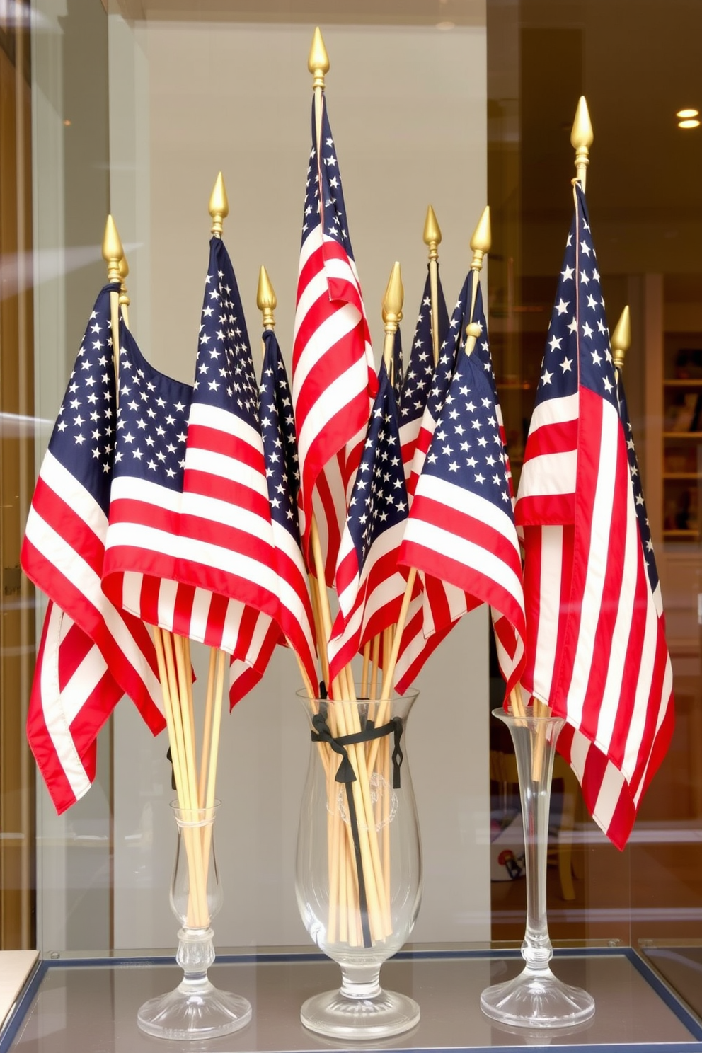 A collection of vintage American flags displayed in elegant glass vases. The flags are arranged in varying heights, creating a visually dynamic centerpiece for a Memorial Day window display.