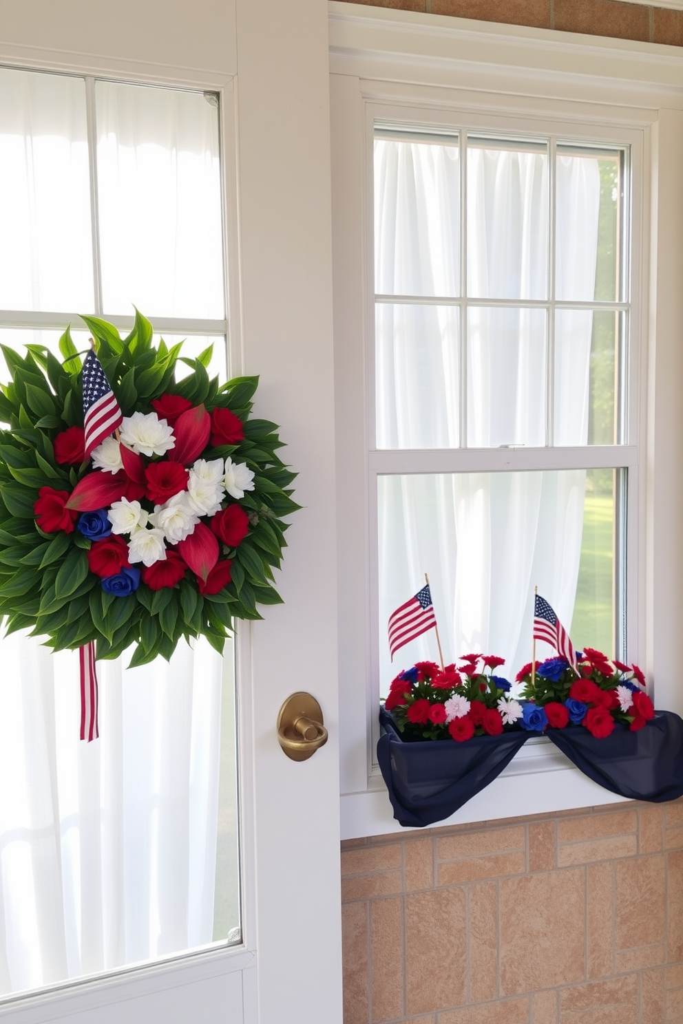 A beautiful Memorial Day-themed wreath adorns the front door, featuring red white and blue flowers along with small American flags. The wreath is made of lush greenery and is designed to evoke a sense of patriotism and celebration. The windows are decorated with sheer white curtains that allow natural light to filter through, complemented by red and blue window boxes filled with vibrant flowers. Small flags are placed in each window box, adding a festive touch to the overall decor.