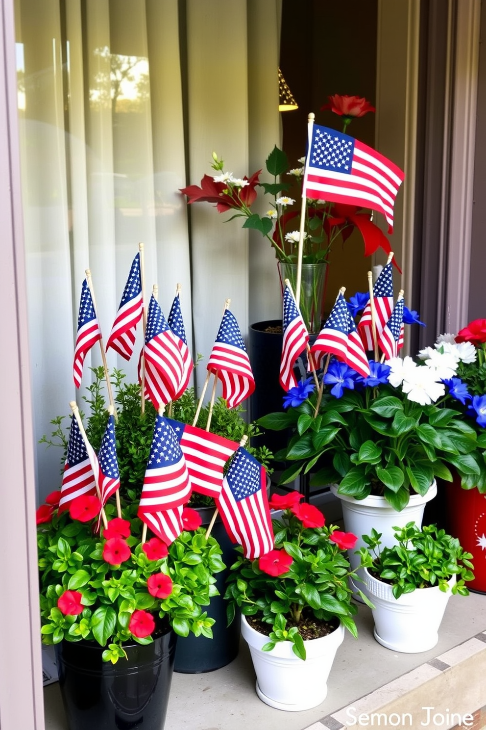 A collection of miniature flags is artfully arranged in various potted plants, creating a festive and patriotic display. The vibrant colors of the flags contrast beautifully with the greenery, adding a cheerful touch to the space. For Memorial Day, the window is adorned with tasteful decorations that honor the occasion. Red, white, and blue accents are incorporated into the arrangement, creating a warm and inviting atmosphere.