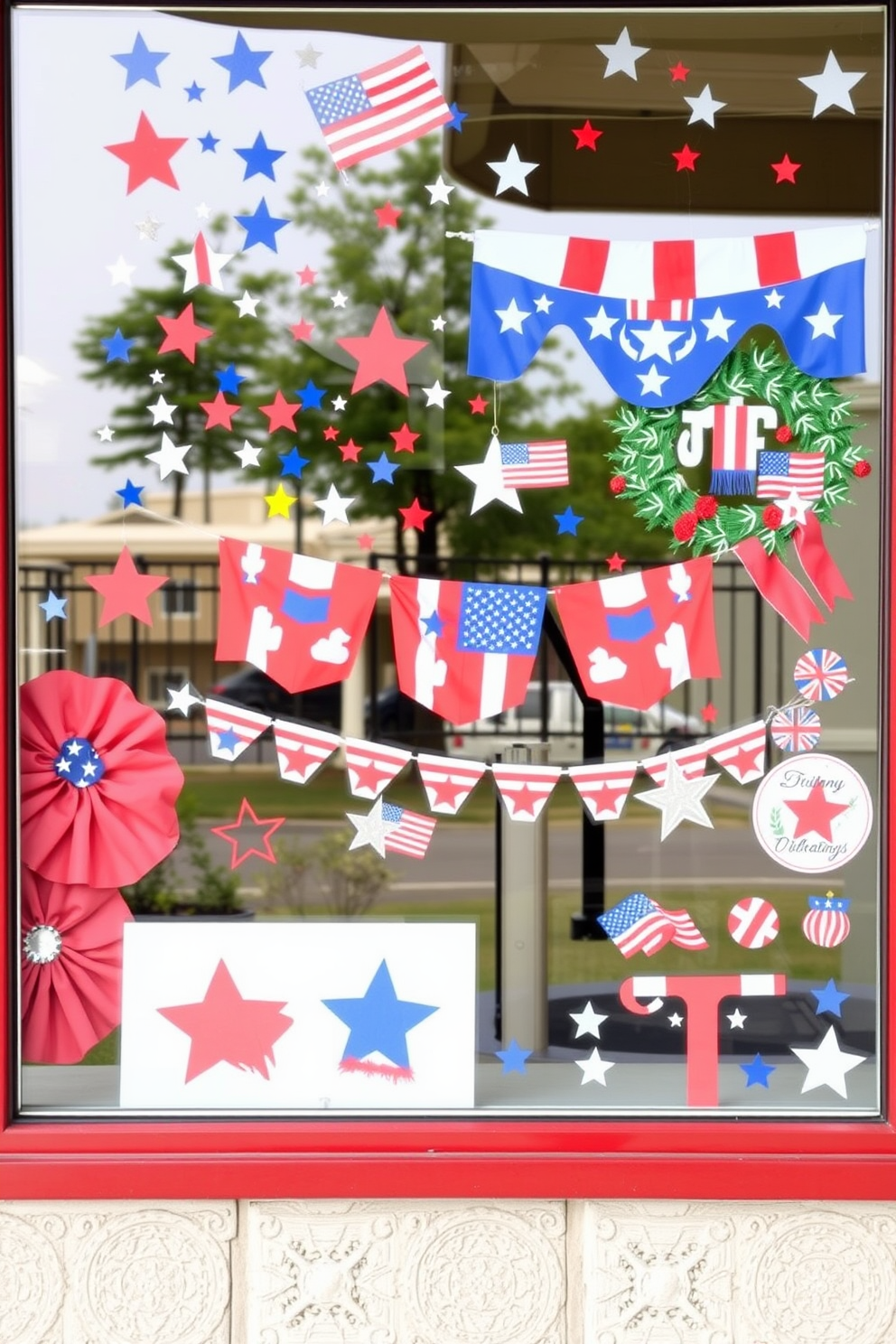 A vibrant display of DIY patriotic window clings and decals for a festive atmosphere. The window features an array of red white and blue designs including stars stripes and flags. Creative Memorial Day window decorating ideas that celebrate the holiday. The decor incorporates elegant wreaths and banners alongside colorful clings that honor those who served.