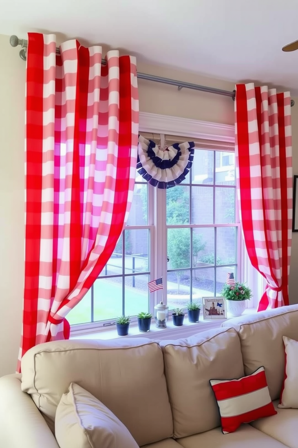 A cozy living room adorned with red and white striped curtains that frame a large window. The curtains billow softly in the breeze, adding a festive touch to the space, perfect for Memorial Day celebrations. The window features a decorative sill filled with small potted plants and patriotic-themed decor. A comfortable sofa in neutral tones complements the vibrant curtains, creating a warm and inviting atmosphere.