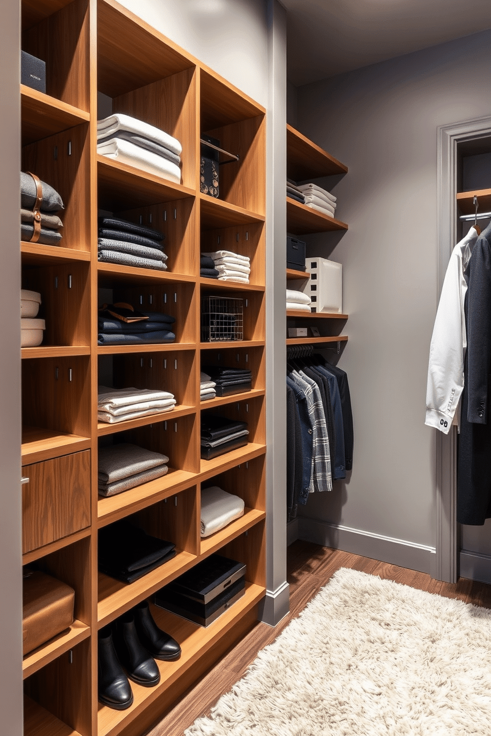 Sleek minimalism defines this men's walk-in closet, featuring open shelving that showcases a curated selection of stylish accessories and neatly folded garments. The walls are painted in a soft gray, complemented by warm wood accents, while a plush area rug adds comfort underfoot.