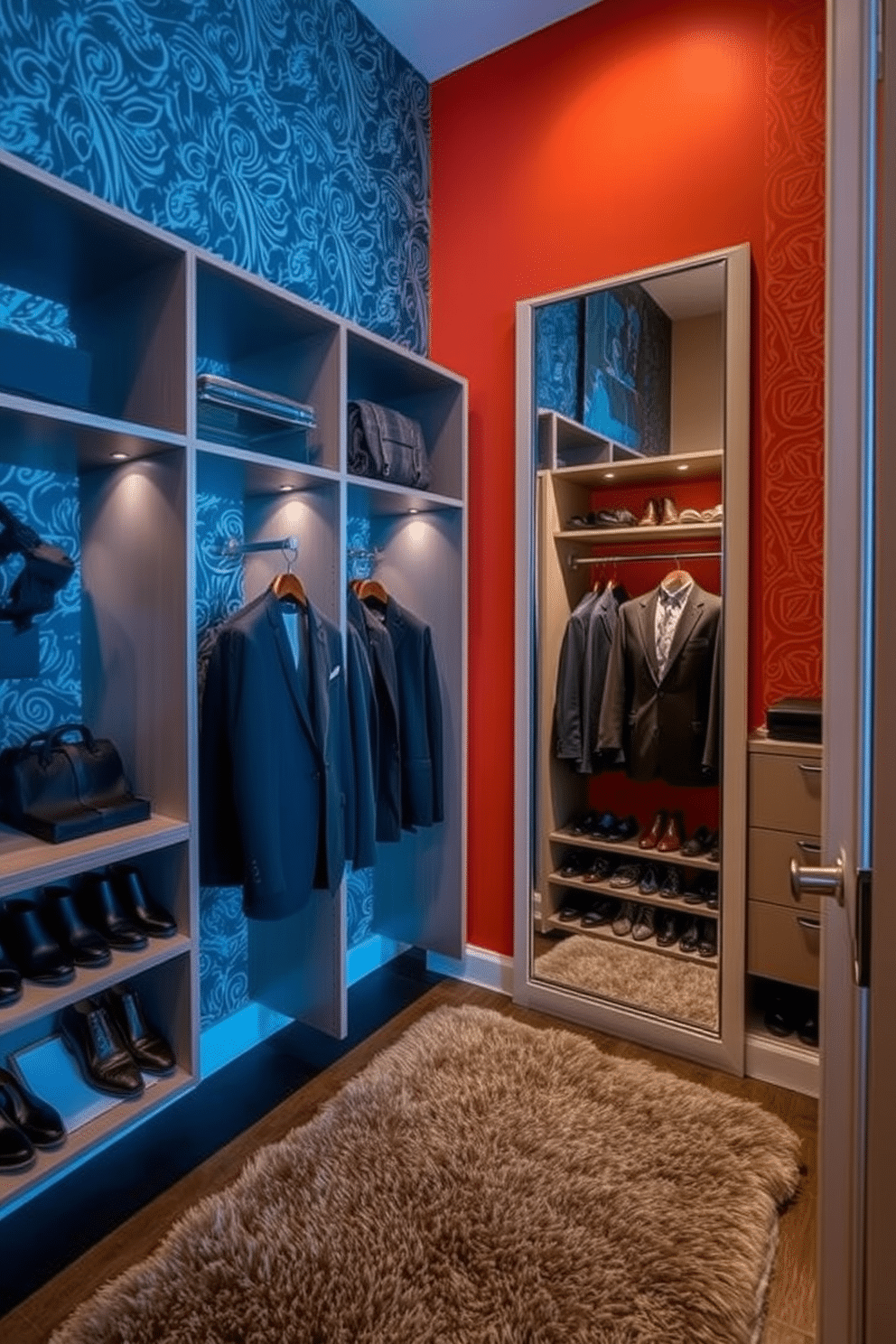 A bold accent wall adorned with intricate wallpaper sets the tone for a stylish men’s walk-in closet. Sleek shelving and hanging space are complemented by a plush area rug, creating an inviting atmosphere for selecting outfits. The closet features a combination of open and closed storage solutions, with tailored suits displayed prominently alongside neatly organized shoes. Soft, ambient lighting enhances the rich colors of the wallpaper, while a full-length mirror adds functionality and elegance to the space.