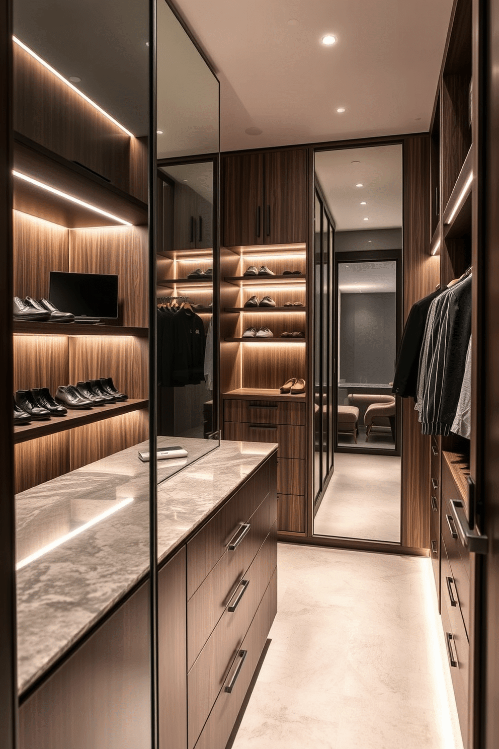 A stylish men's walk-in closet features a mirror wall that enhances the perception of space, creating a bright and airy atmosphere. The closet is designed with sleek, dark wood cabinetry, open shelving for shoes, and a central island for accessories, all illuminated by warm LED lighting.