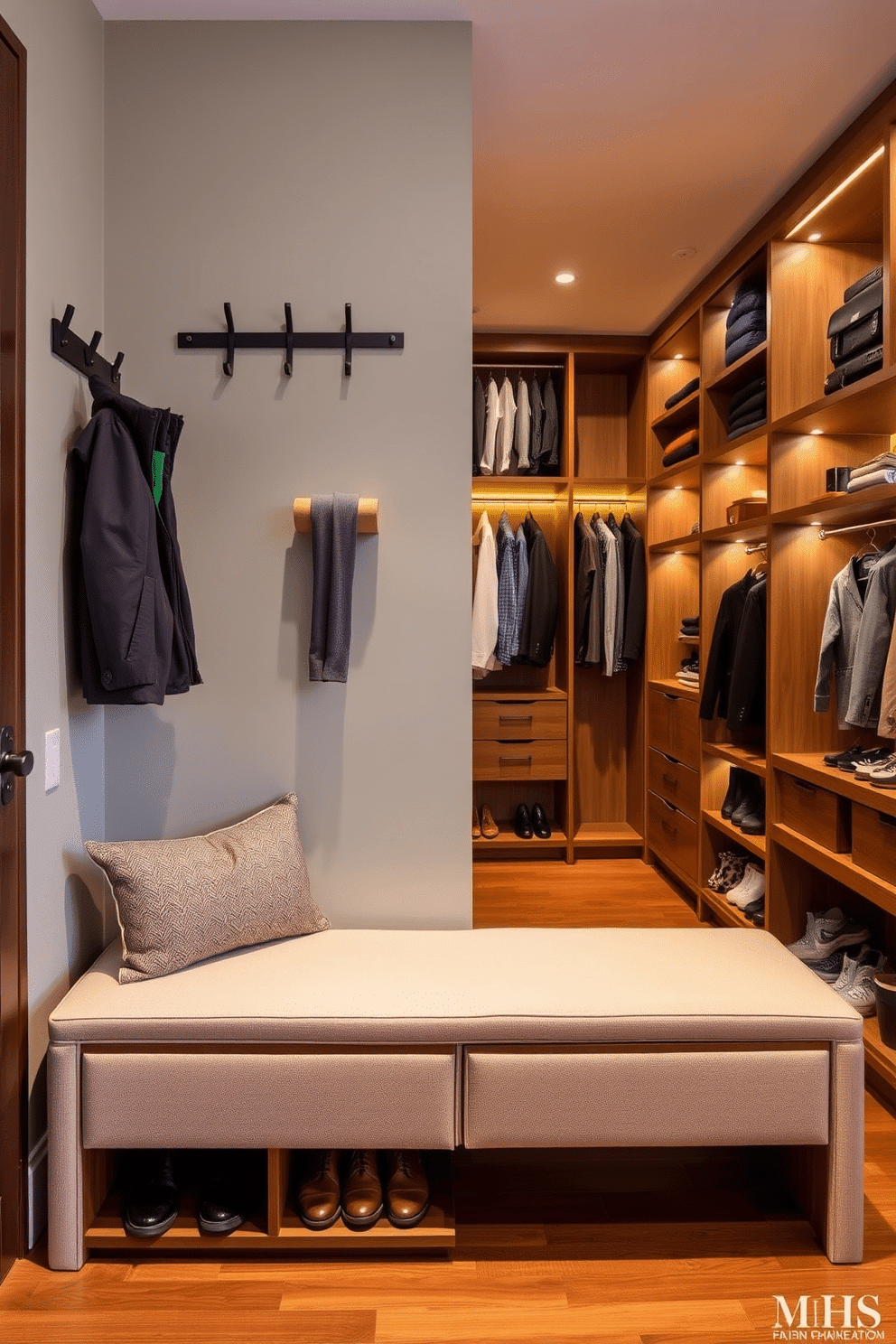 A multi-functional storage bench at the entry features a sleek design with built-in compartments for shoes and accessories. The bench is upholstered in a soft, durable fabric, and above it, a stylish wall-mounted coat rack complements the space. The men's walk-in closet design includes custom shelving and hanging options tailored for various clothing types. A central island with drawers provides additional storage and a convenient spot for accessories, all illuminated by warm, ambient lighting.