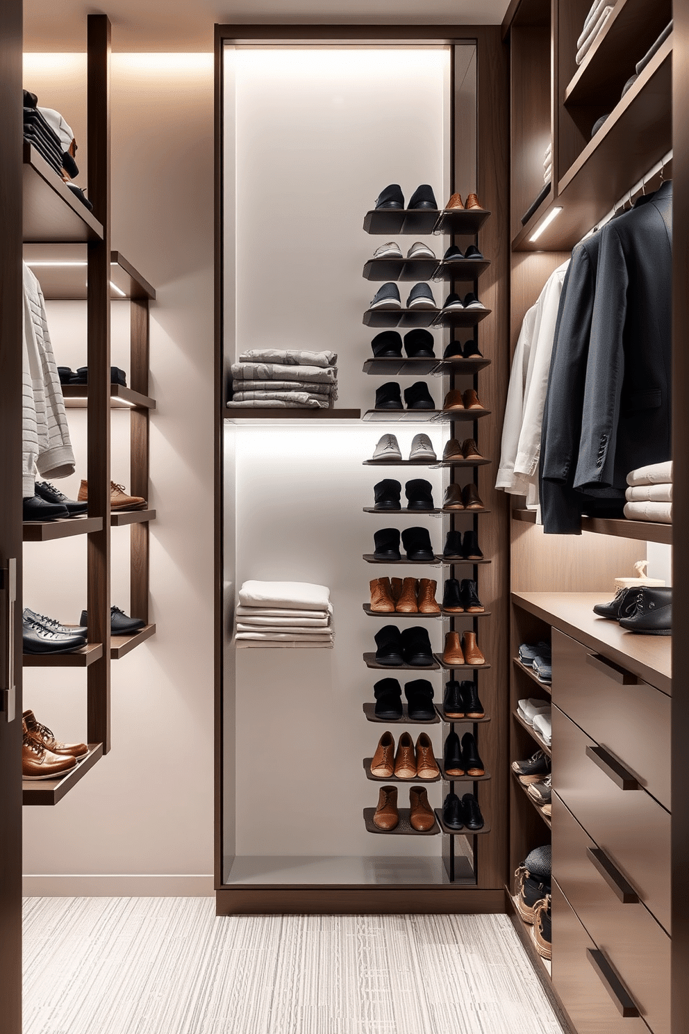 A modern men's walk-in closet featuring vertical shoe racks designed for optimal space-saving. The racks are crafted from dark wood, neatly displaying a variety of shoes while maximizing vertical storage. The closet includes a sleek, built-in shelving system for folded clothes and accessories. Soft, ambient lighting highlights the organized space, creating an inviting atmosphere.