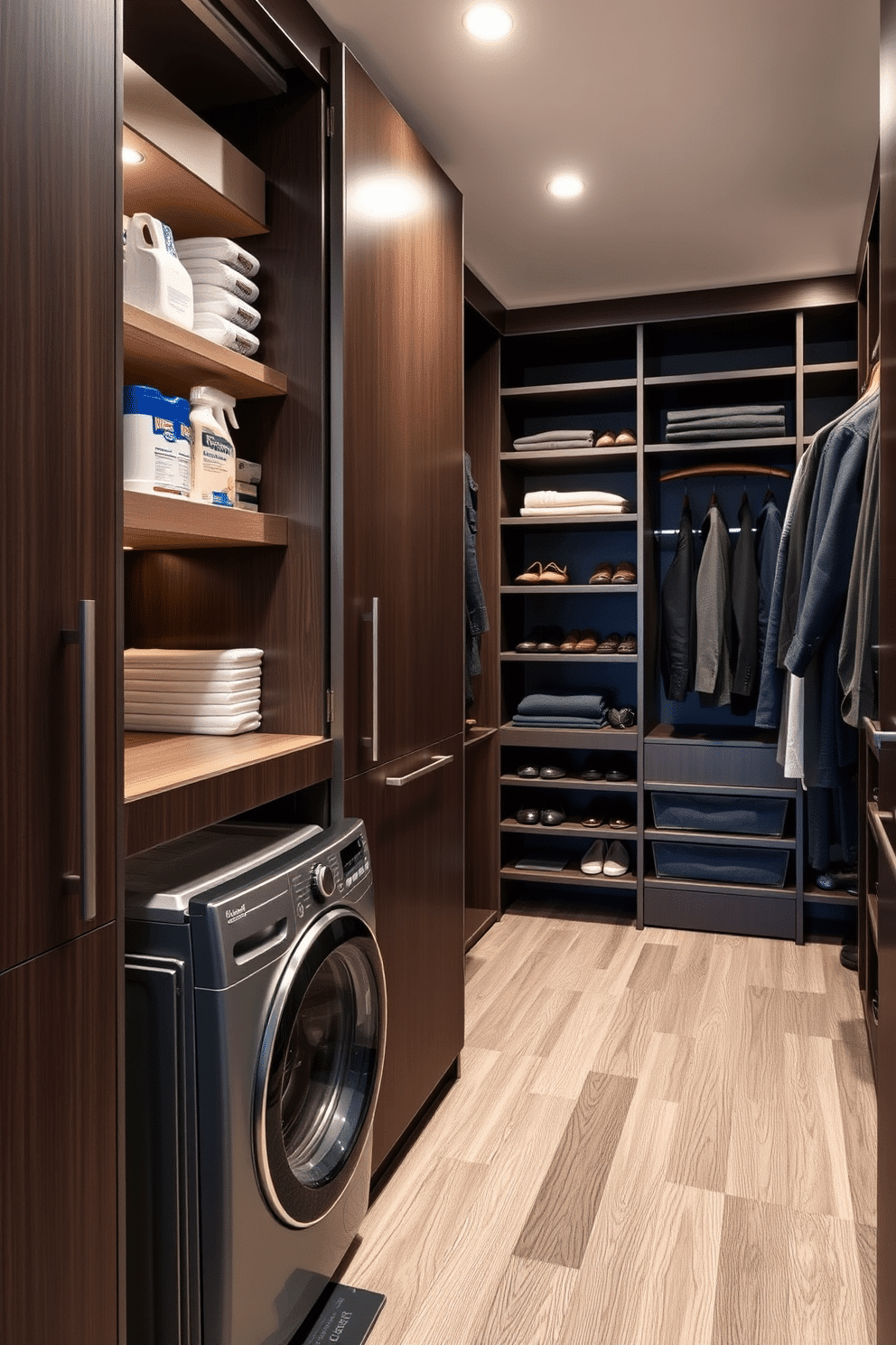 A sleek and modern laundry area seamlessly integrated into cabinetry. The hidden laundry hamper features a pull-out design, surrounded by custom shelves for storing detergents and fabric softeners. An elegant men's walk-in closet with ample storage solutions. The space includes tailored shelving for shoes and accessories, along with a stylish island in the center for folding clothes and displaying watches.