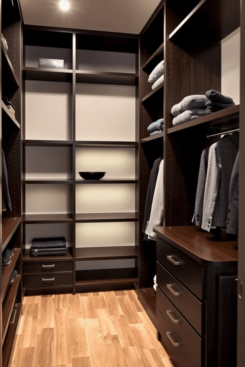 A men's walk-in closet featuring adjustable shelving for versatile storage options. The design includes sleek dark wood shelves that can be repositioned to accommodate various items, alongside a central island with drawers for accessories.