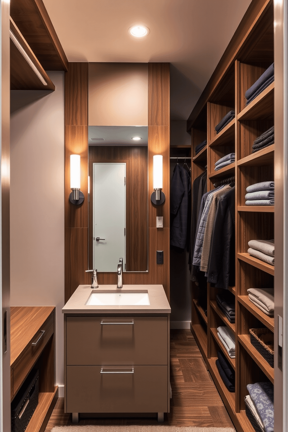 A stylish men's walk-in closet featuring a sleek, incorporated vanity with ample lighting. The vanity is framed by modern sconces, providing a warm glow that enhances the rich wood finishes and organized shelving throughout the space.