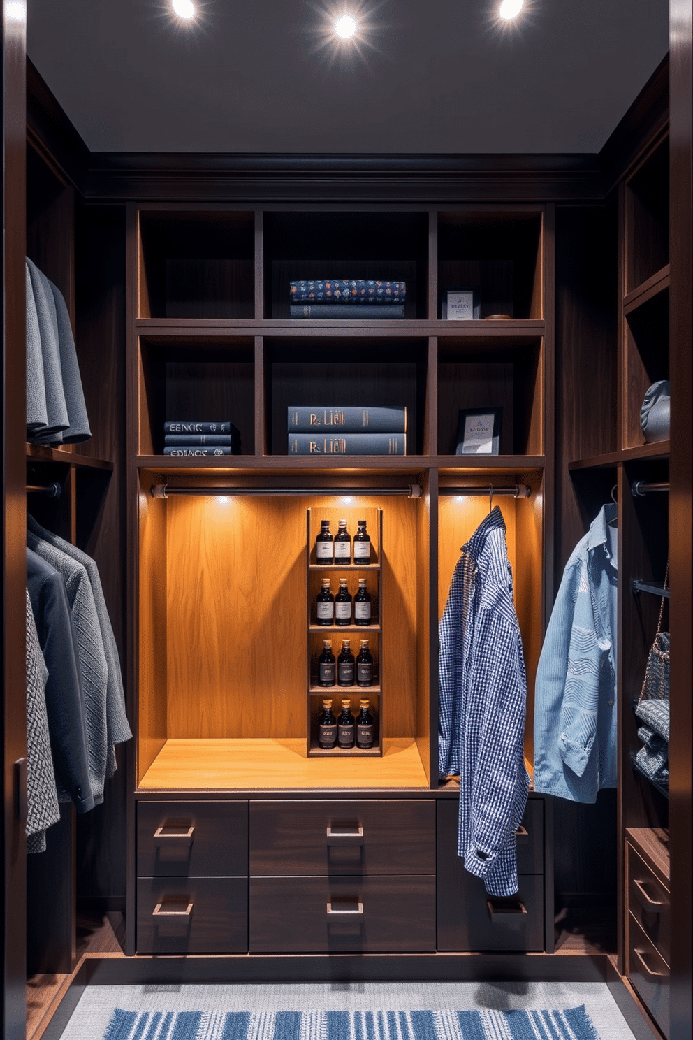 A luxurious men's walk-in closet featuring cedar-lined compartments for fragrance storage. The space is designed with dark wood shelving and hanging rods, complemented by soft, ambient lighting that highlights the rich textures and colors.