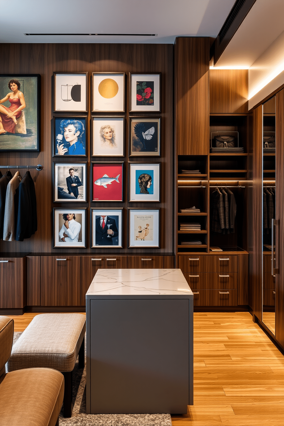 A curated artwork display featuring a mix of abstract and classical pieces hangs on a gallery wall, creating a vibrant focal point in the room. The artwork is complemented by stylish lighting, enhancing the colors and textures while adding a personal touch to the space. The men's walk-in closet is designed with sleek, modern cabinetry in a rich walnut finish, providing ample storage for clothing and accessories. A central island with a marble top serves as both a dressing area and additional storage, while a full-length mirror reflects the sophisticated design.