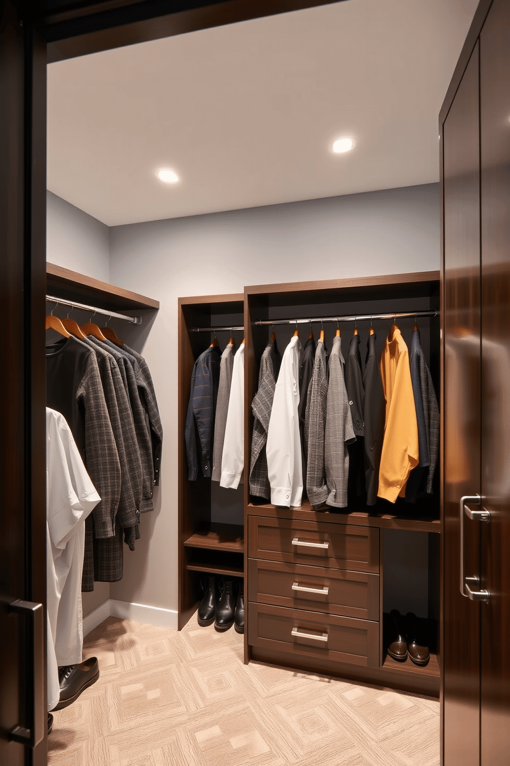 A men's walk-in closet features open hanging rods that provide easy access to a variety of clothing, allowing for an organized and stylish display. The space is illuminated with recessed lighting, enhancing the sleek finish of the dark wood cabinetry and the soft gray walls.