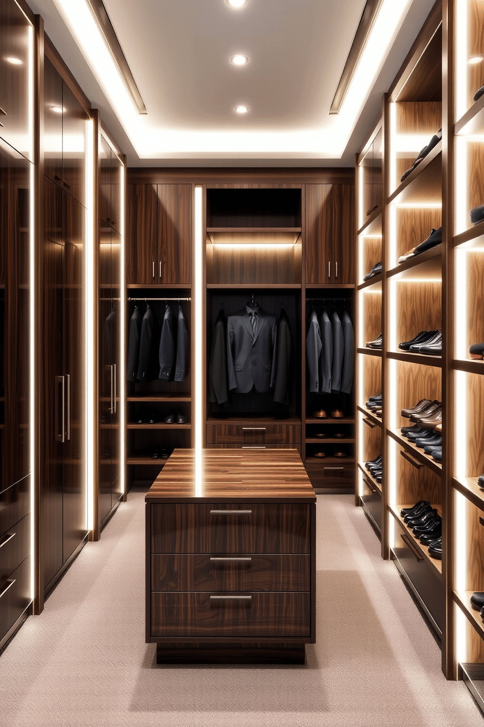 A luxurious men's walk-in closet featuring dark wood cabinetry with integrated lighting that highlights the rich textures of the wood. The space includes a central island with drawers for accessories, while sleek shelves display an organized collection of shoes and tailored suits.