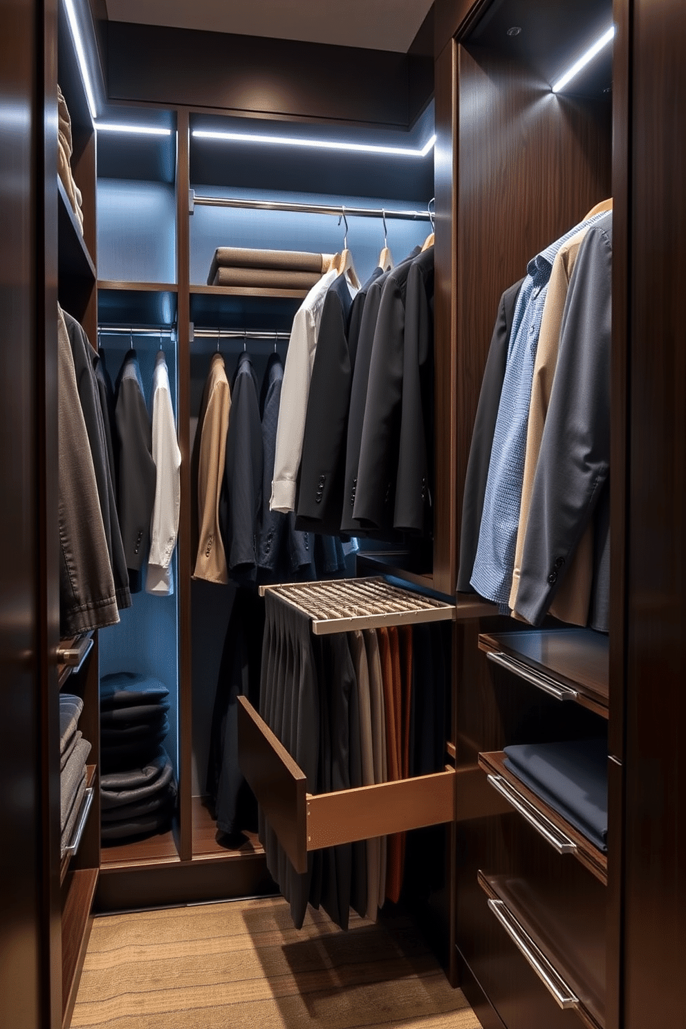 A stylish men's walk-in closet features pull-out pants racks that provide easy access and organization for a variety of trousers. The space is designed with sleek cabinetry in a dark wood finish, complemented by soft LED lighting that highlights the neatly arranged clothing and accessories.