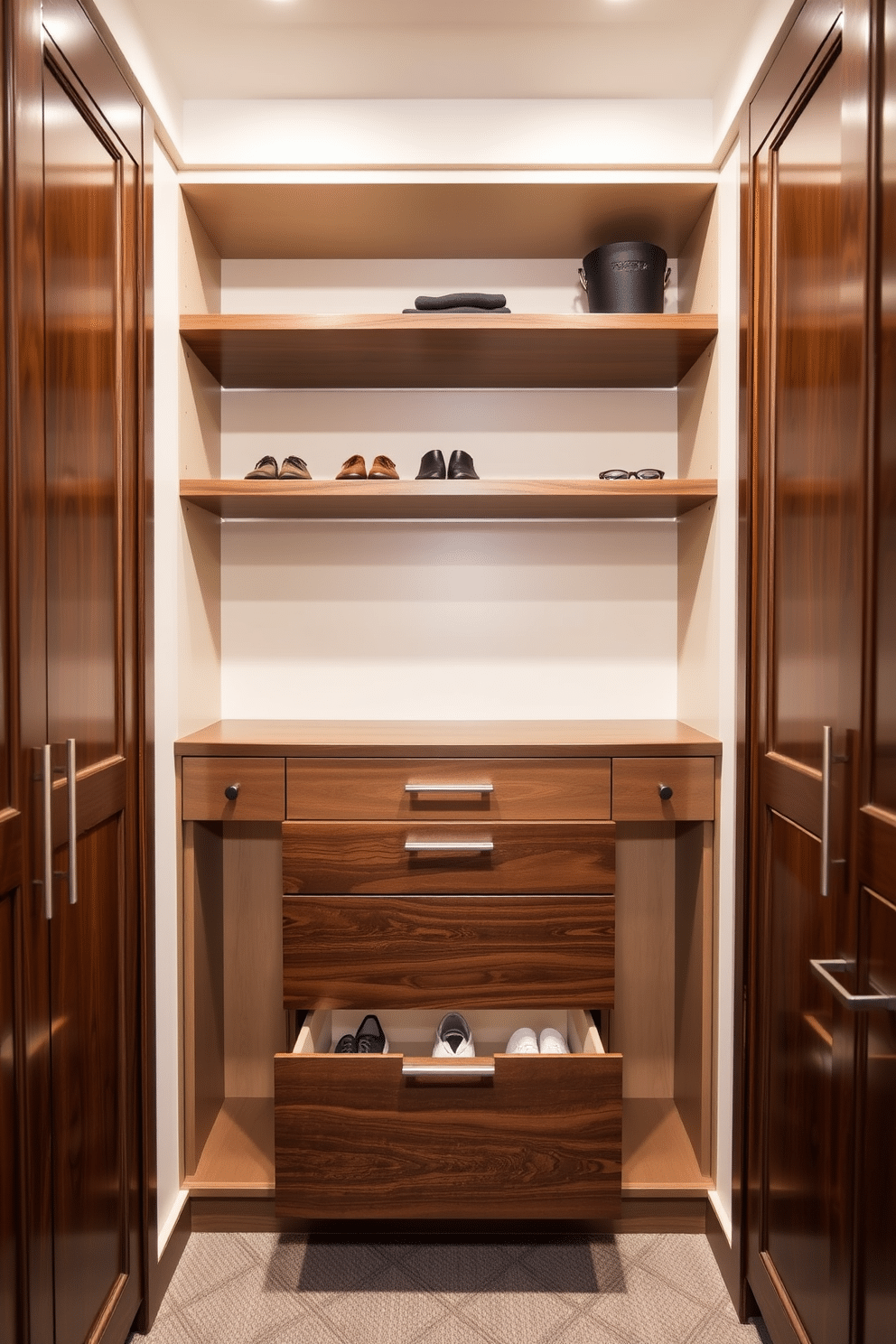 A men's walk-in closet featuring soft-close drawers for a quiet touch. The design includes custom shelving for shoes and accessories, with a rich walnut finish that adds warmth to the space.