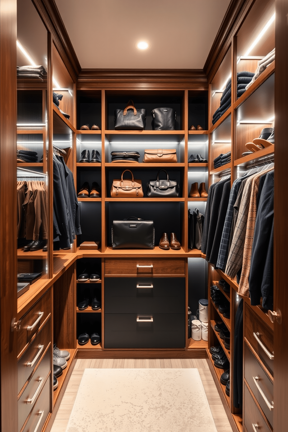 A stylish men's walk-in closet featuring color-coordinated shelving that enhances visual appeal. The shelves are filled with neatly arranged shoes, bags, and accessories, complemented by a rich wood finish and soft ambient lighting.