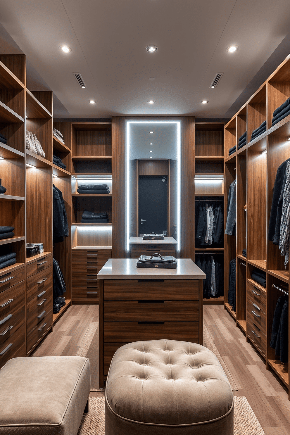 A modern men's walk-in closet featuring integrated smart lighting that adjusts to create the perfect ambiance. The space includes sleek wood shelving, a central island with drawers, and a full-length mirror illuminated by soft LED lights. The closet is designed with a combination of open and closed storage solutions, allowing for easy access and organization. A comfortable seating area is included, with a plush ottoman and stylish accent lighting to enhance the overall aesthetic.