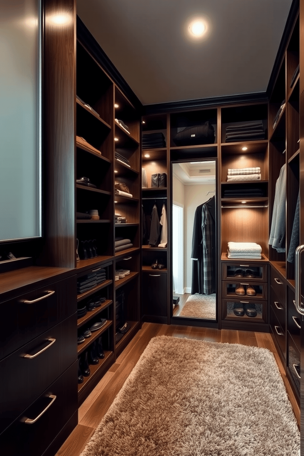 A luxurious men's walk-in closet featuring custom built-ins tailored for specific wardrobe needs. The space includes sleek, dark wood cabinetry with ample shelving, hanging space, and dedicated sections for shoes and accessories, creating an organized and stylish environment. Soft, ambient lighting highlights the rich textures of the materials, while a plush area rug adds warmth underfoot. A full-length mirror is strategically placed to enhance the sense of space, making it a perfect retreat for any discerning gentleman.