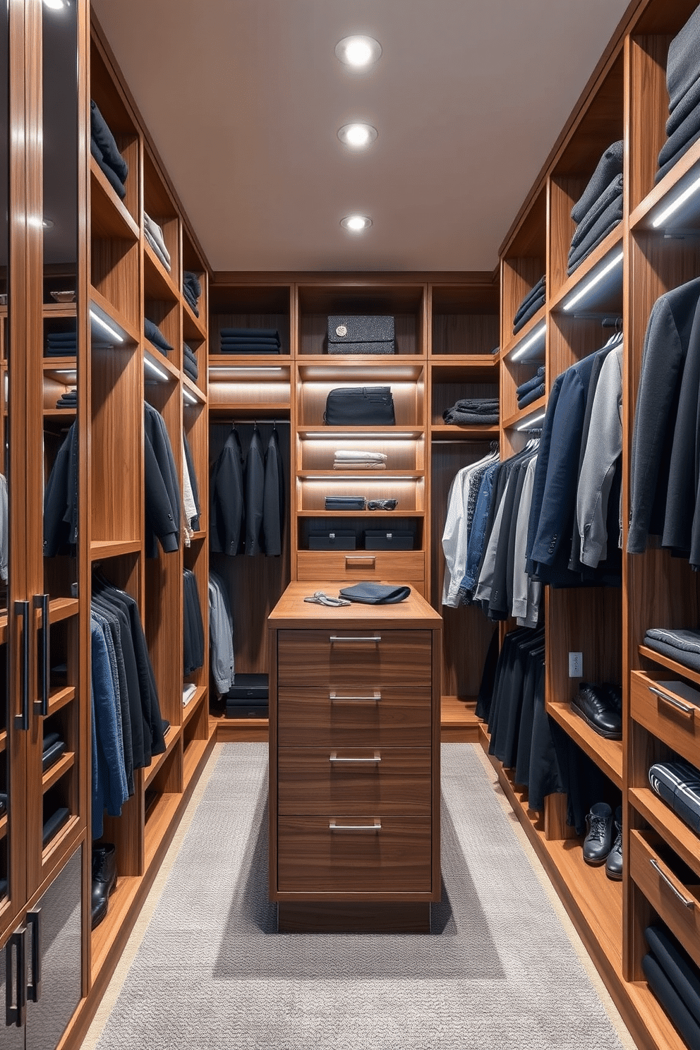 A modern men's walk-in closet featuring floor-to-ceiling storage solutions for maximum efficiency. The space includes sleek wooden cabinetry with integrated lighting and a central island for accessories, ensuring everything is neatly organized and easily accessible.