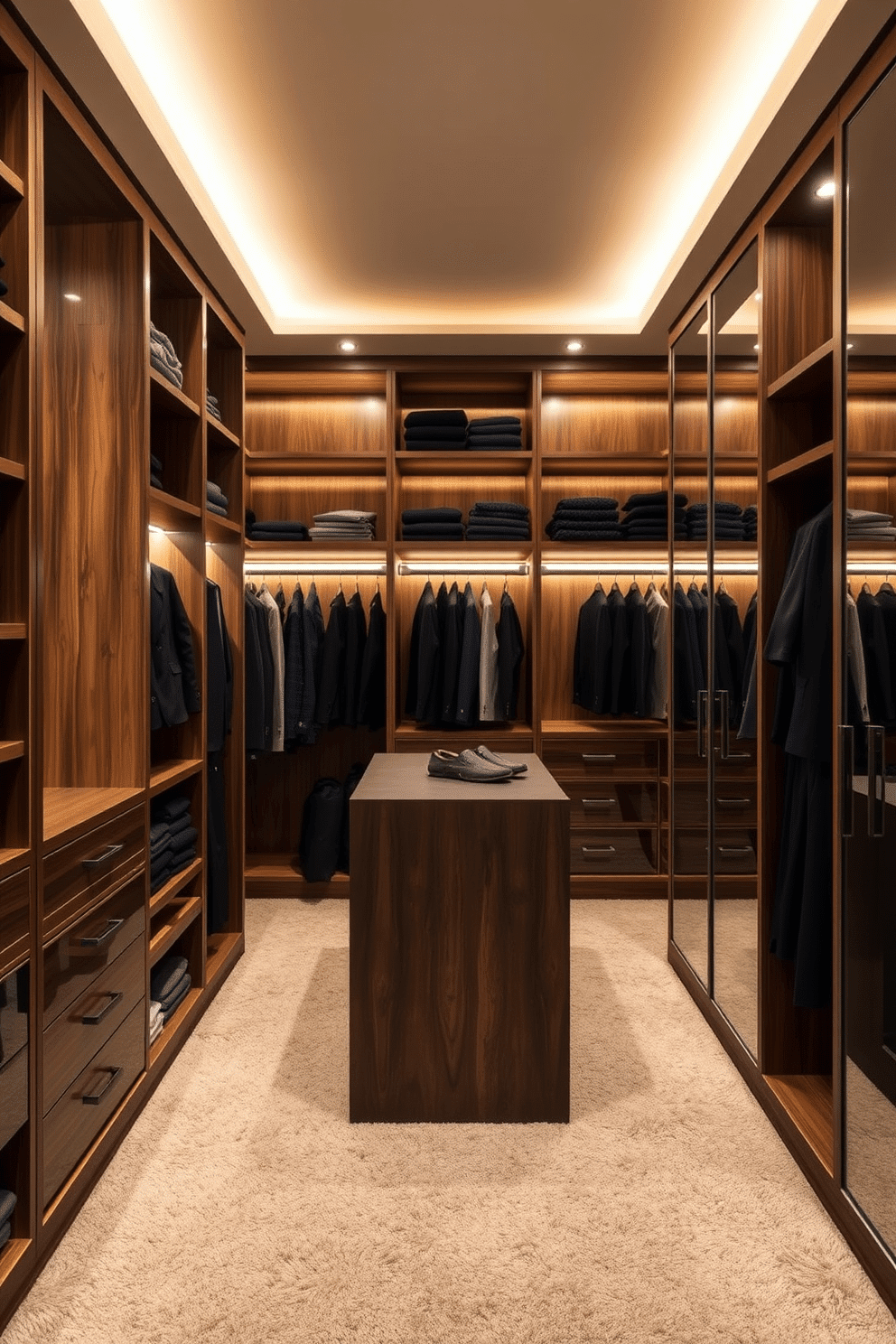 A chic men's walk-in closet featuring custom shelving and hanging space. The design incorporates mood lighting with recessed fixtures that highlight the rich wood finishes and plush carpet underfoot. A sleek island in the center offers additional storage and a stylish place for accessories. Large mirrors on the walls enhance the sense of space and reflect the warm glow of the ambient lighting.