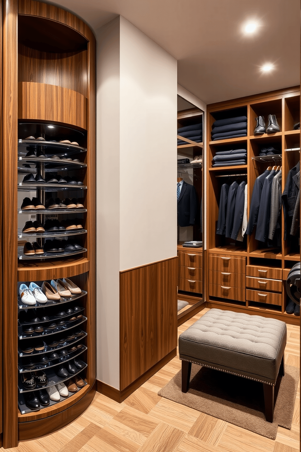 A stylish shoe carousel featuring multiple tiers for easy selection, crafted from sleek wood with a modern finish. The design includes integrated lighting to highlight the shoes, creating a visually appealing focal point in the closet. A luxurious men's walk-in closet designed with ample storage, including tailored shelving and hanging space for suits and casual wear. The space is enhanced by a plush seating area and a full-length mirror, providing both functionality and elegance.