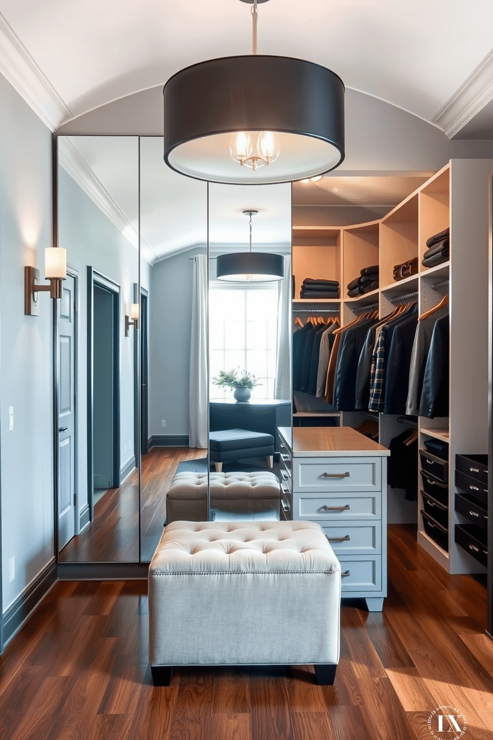 A stylish dressing area featuring a full-length mirror that reflects natural light, enhancing the spacious feel of the room. The walls are adorned with soft gray paint and elegant sconces, while a plush ottoman sits in front of the mirror for added comfort. A sophisticated men's walk-in closet designed with custom shelving and hanging spaces for suits and accessories. The flooring is a rich hardwood, complemented by a central island with drawers for storage, and a sleek, modern lighting fixture illuminates the space beautifully.