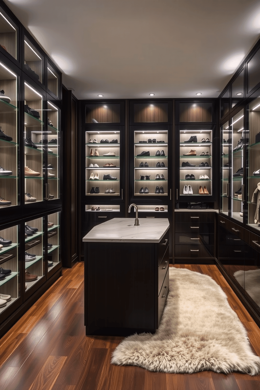 A sleek men's walk-in closet featuring glass-front cabinets for shoe display. The cabinets are illuminated from within, showcasing a curated collection of stylish footwear against a backdrop of dark wood paneling. A spacious layout includes a central island with a marble top, providing ample space for accessories and daily essentials. Soft ambient lighting enhances the sophisticated atmosphere, while a plush area rug adds warmth to the elegant design.