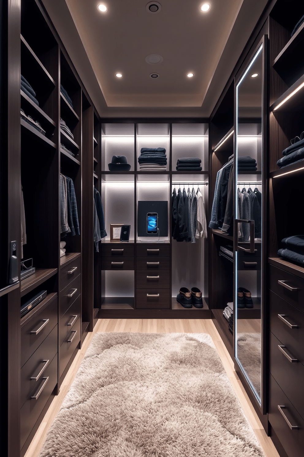 A modern men's walk-in closet featuring a sleek, integrated charging station for gadgets. The space is adorned with custom shelving, dark wood accents, and ambient lighting that highlights the organized layout. The closet includes a combination of hanging racks and drawers, providing ample storage for clothing and accessories. A plush area rug adds warmth, while a full-length mirror is strategically placed to enhance the sense of space.