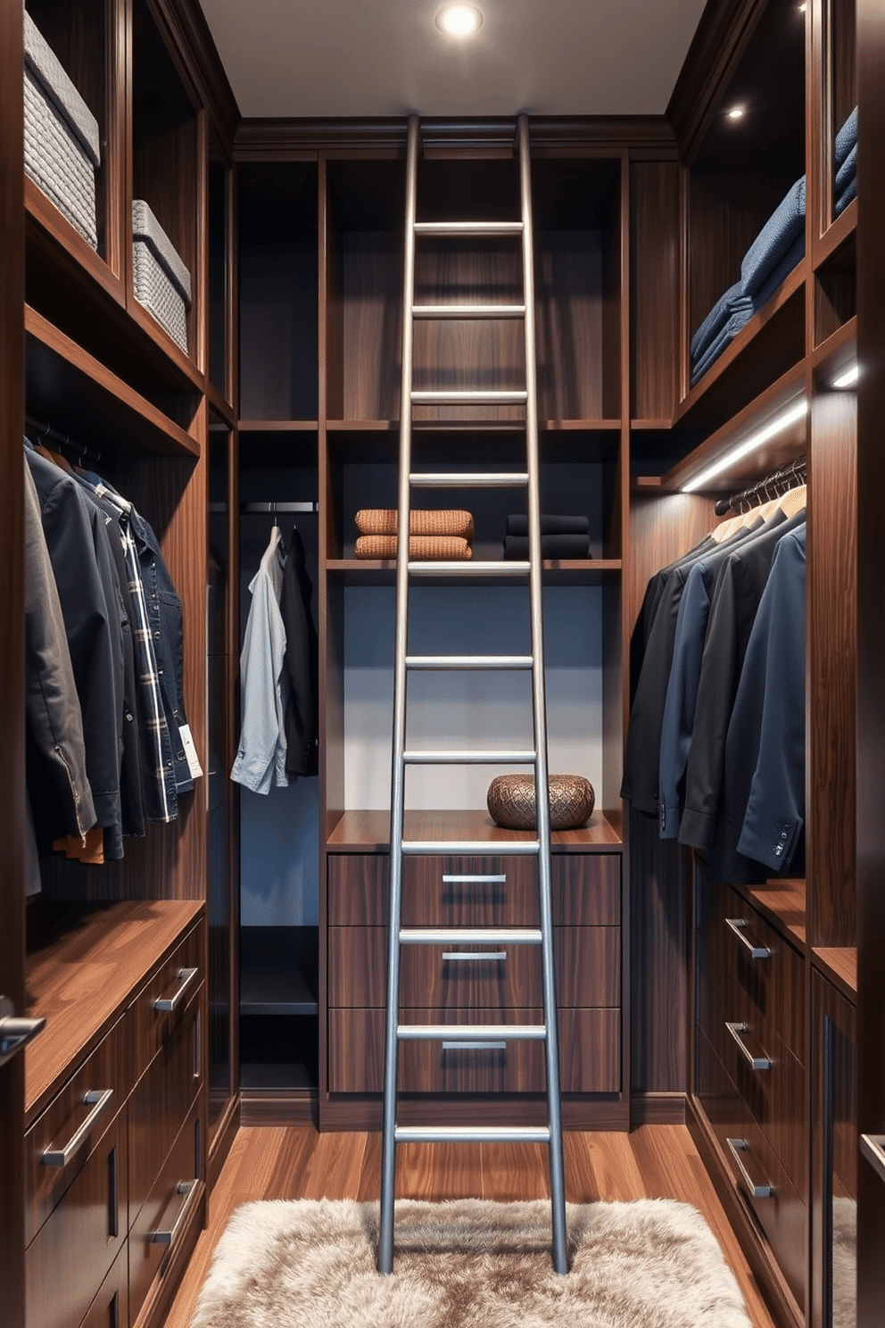 A stylish men's walk-in closet featuring a sleek ladder for high shelving access. The design incorporates rich wood cabinetry with ample storage, a plush area rug, and strategically placed lighting to highlight the space.