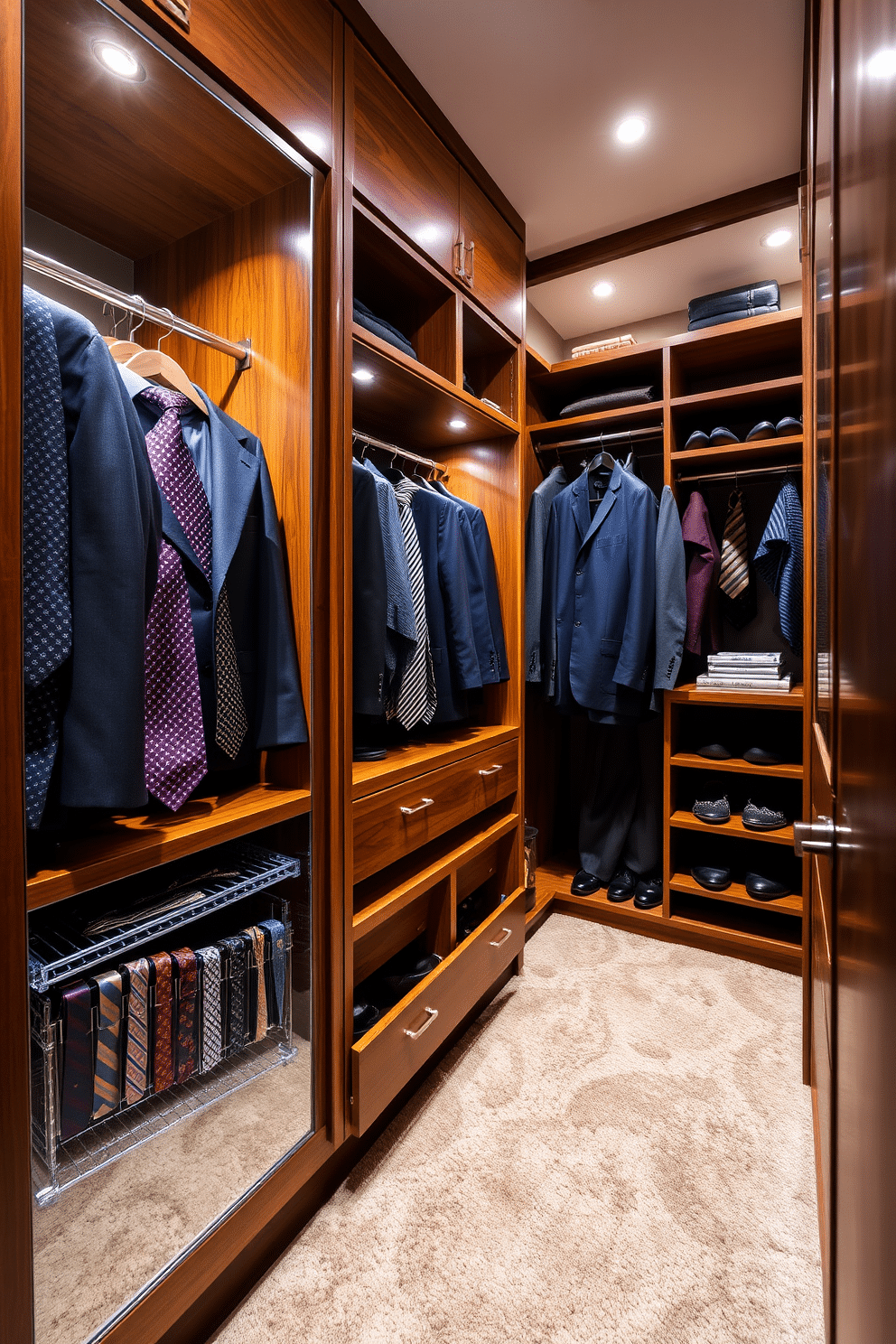 A sleek men's walk-in closet features built-in tie and belt organizers, seamlessly integrated into the cabinetry to maximize space and accessibility. The organizers are crafted from rich wood, with soft-close drawers and a dedicated section for ties, ensuring a clutter-free and elegant display. The closet is illuminated by recessed lighting, highlighting the carefully curated collection of tailored suits and shoes arranged on custom shelving. Plush carpeting in a neutral tone adds warmth, while a full-length mirror enhances the sense of space and sophistication.