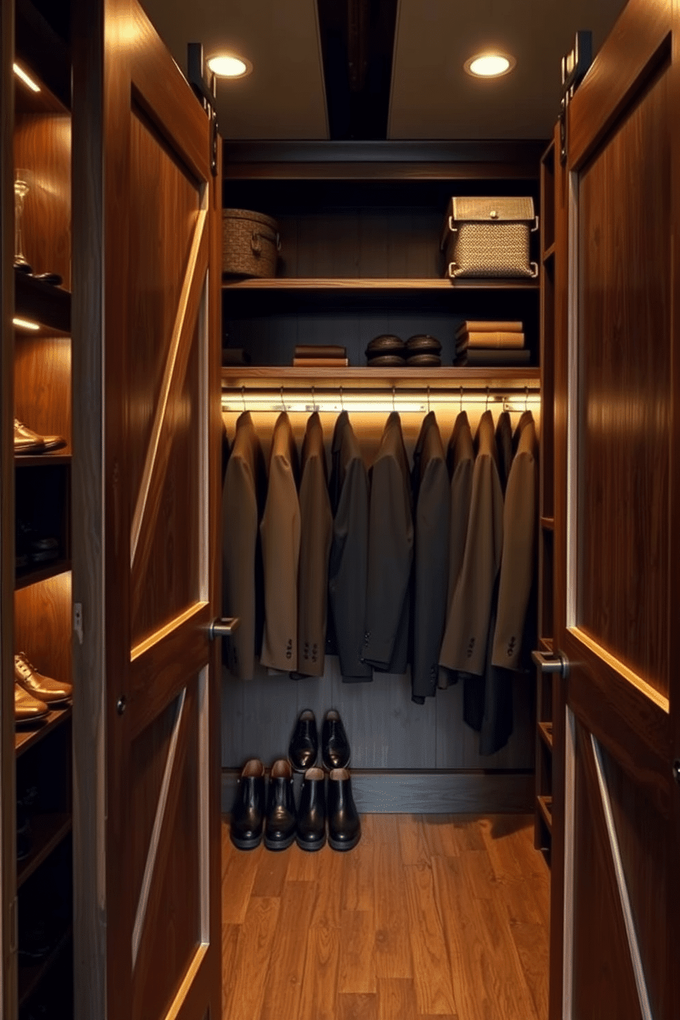 A cozy men's walk-in closet featuring sliding barn doors that add rustic charm. The interior is fitted with dark wood shelving and hanging racks, complemented by warm lighting that highlights the rich textures of leather shoes and tailored suits.