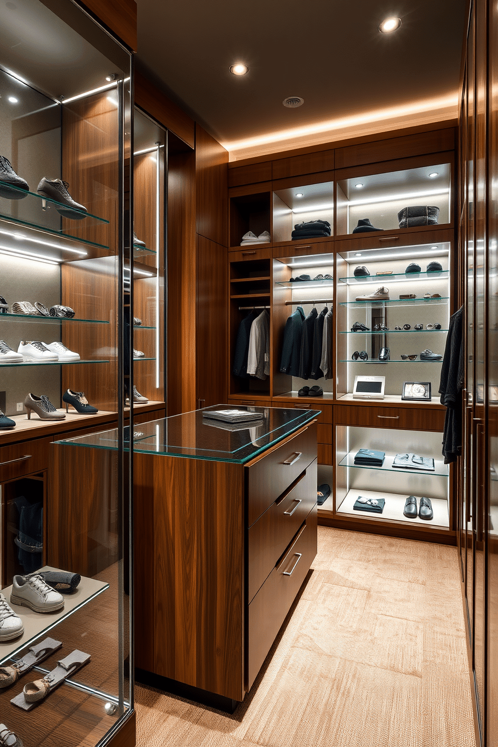 A modern walk-in closet featuring illuminated display cases for accessories. The sleek glass shelves showcase a curated selection of watches, ties, and cufflinks, all beautifully lit to highlight their craftsmanship. The closet is designed with rich wood cabinetry and a plush carpet underfoot for comfort. A central island provides additional storage and a convenient space for arranging outfits, while a full-length mirror reflects the stylish ambiance.