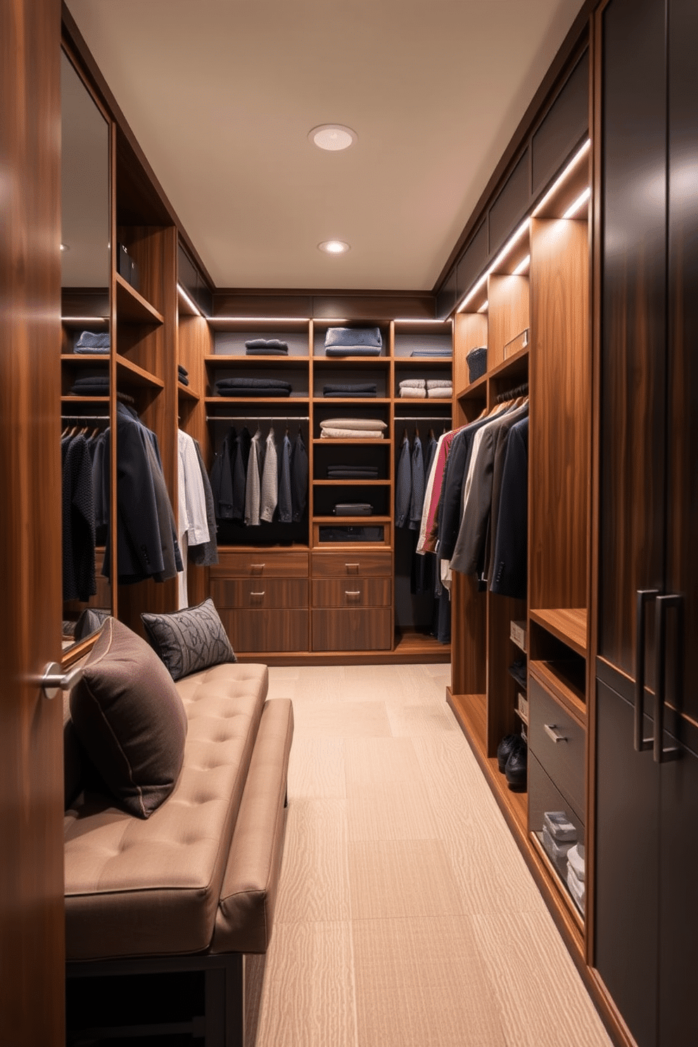 A stylish walk-in closet designed for men, featuring corner seating for dressing convenience. The space includes built-in shelves and hanging racks, with a sleek, modern aesthetic that incorporates rich wood finishes and soft ambient lighting.