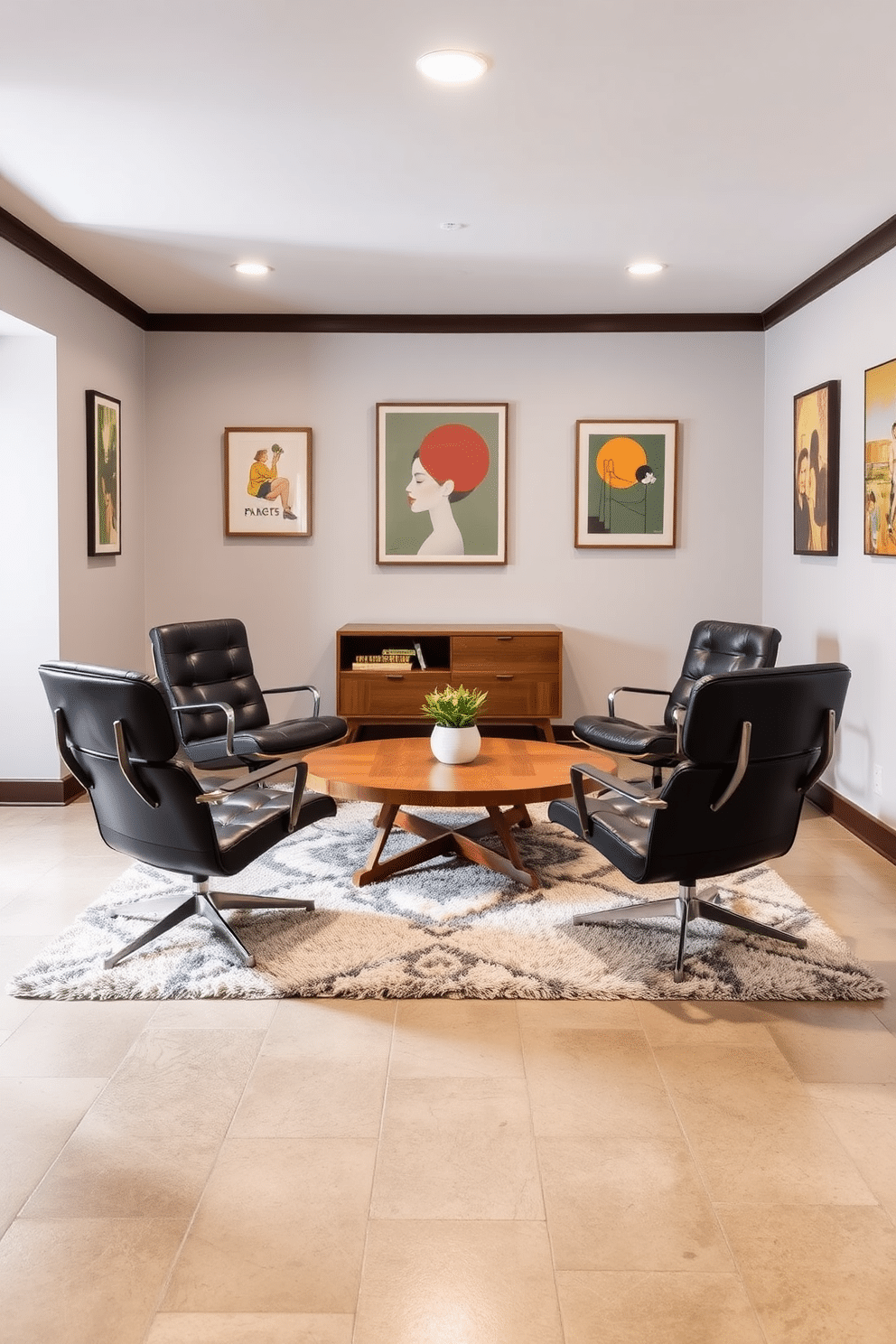 A stylish basement designed in Mid Century Modern style features iconic Eames chairs arranged around a low, wooden coffee table. The walls are adorned with retro artwork, and a plush area rug adds warmth to the polished concrete floor.