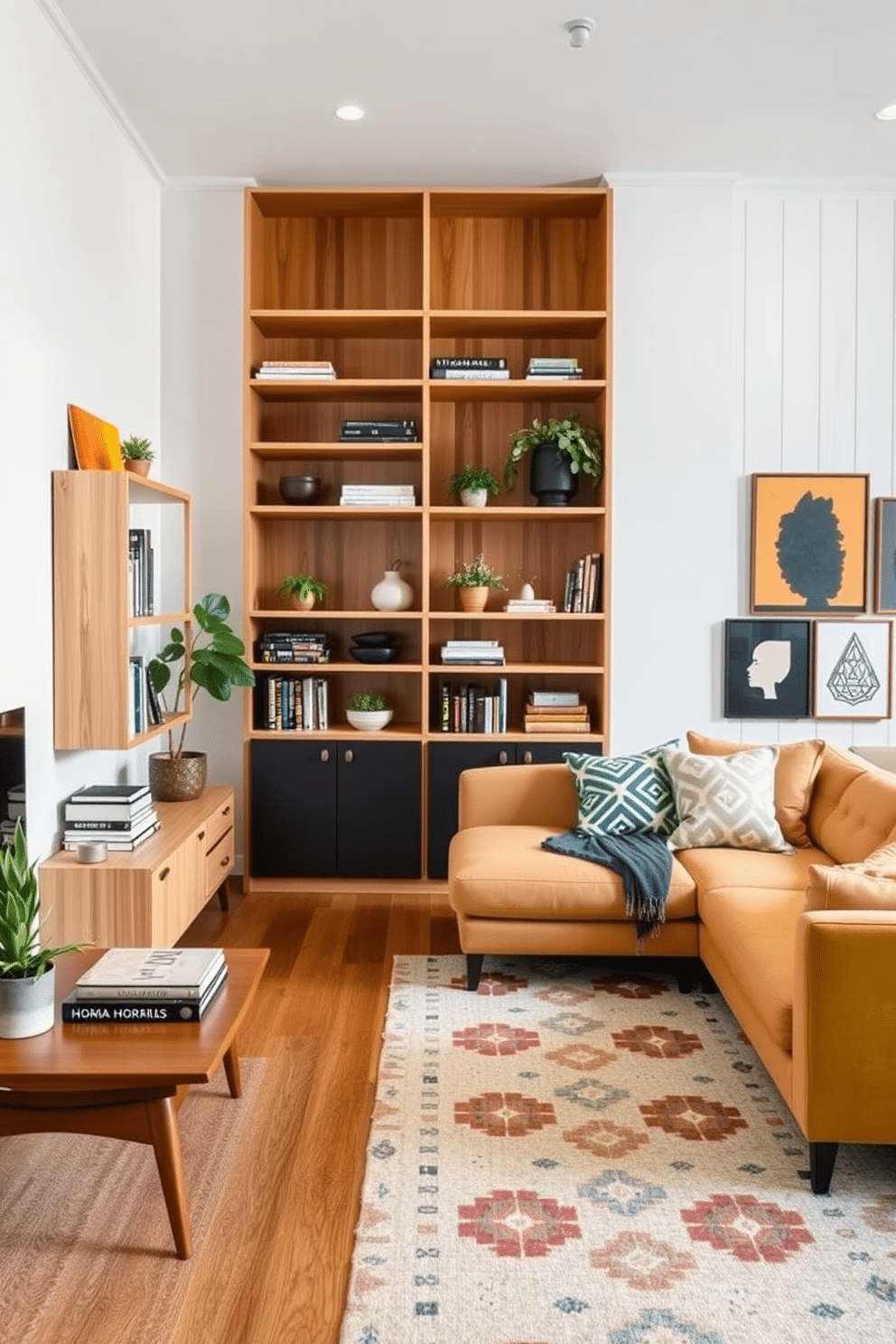 A sleek, wall-mounted shelving unit spans the length of the room, crafted from light oak with clean lines and minimal hardware. The shelves are adorned with a curated selection of books, plants, and decorative objects, creating an airy and organized feel. The basement features a Mid Century Modern aesthetic, with warm wood paneling and a statement sectional sofa in a rich mustard hue. A geometric area rug anchors the space, complemented by a vintage coffee table and a collection of bold artwork on the walls.